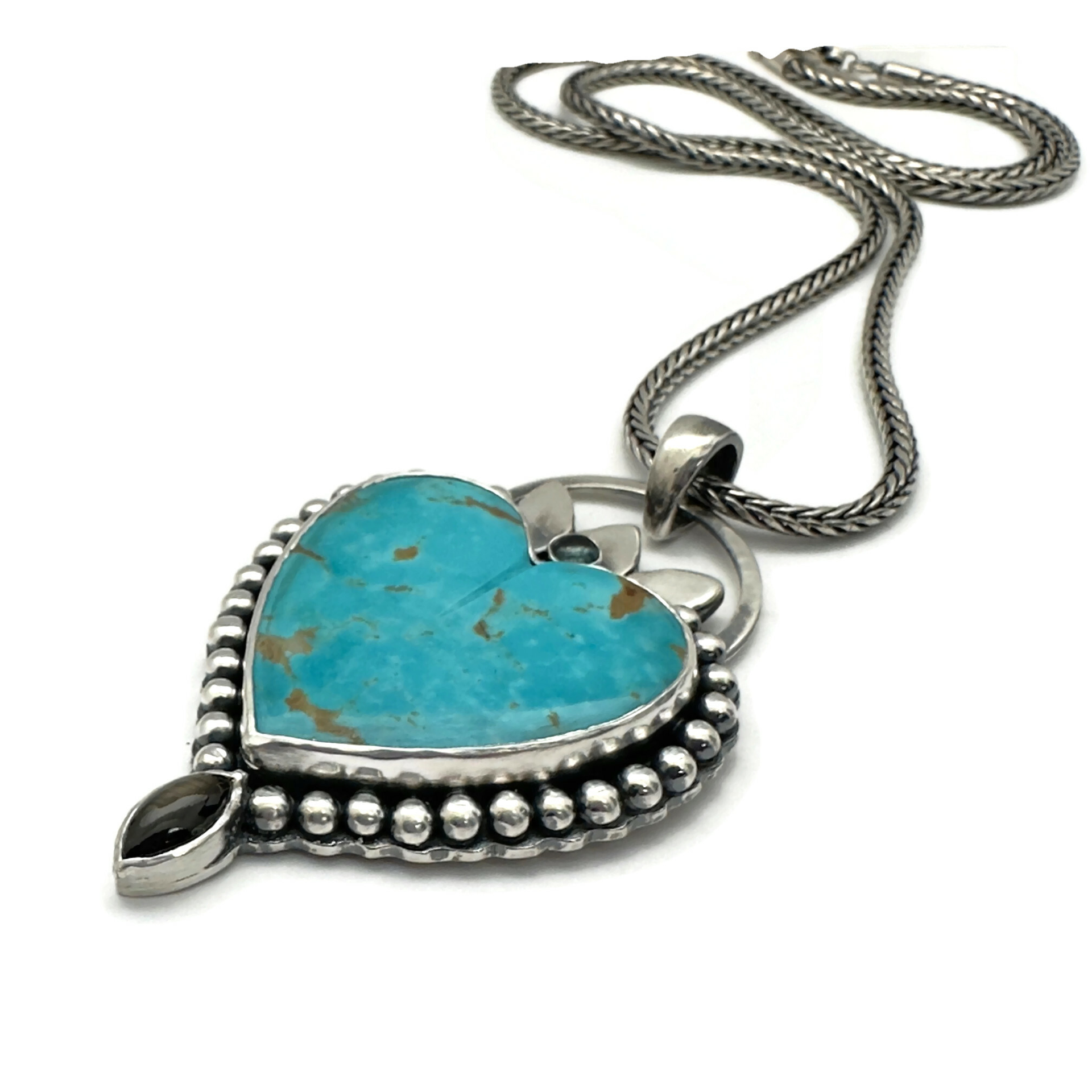 Kingman Turquoise Heart, Black Sapphire and Montana Blue Sapphire Necklace