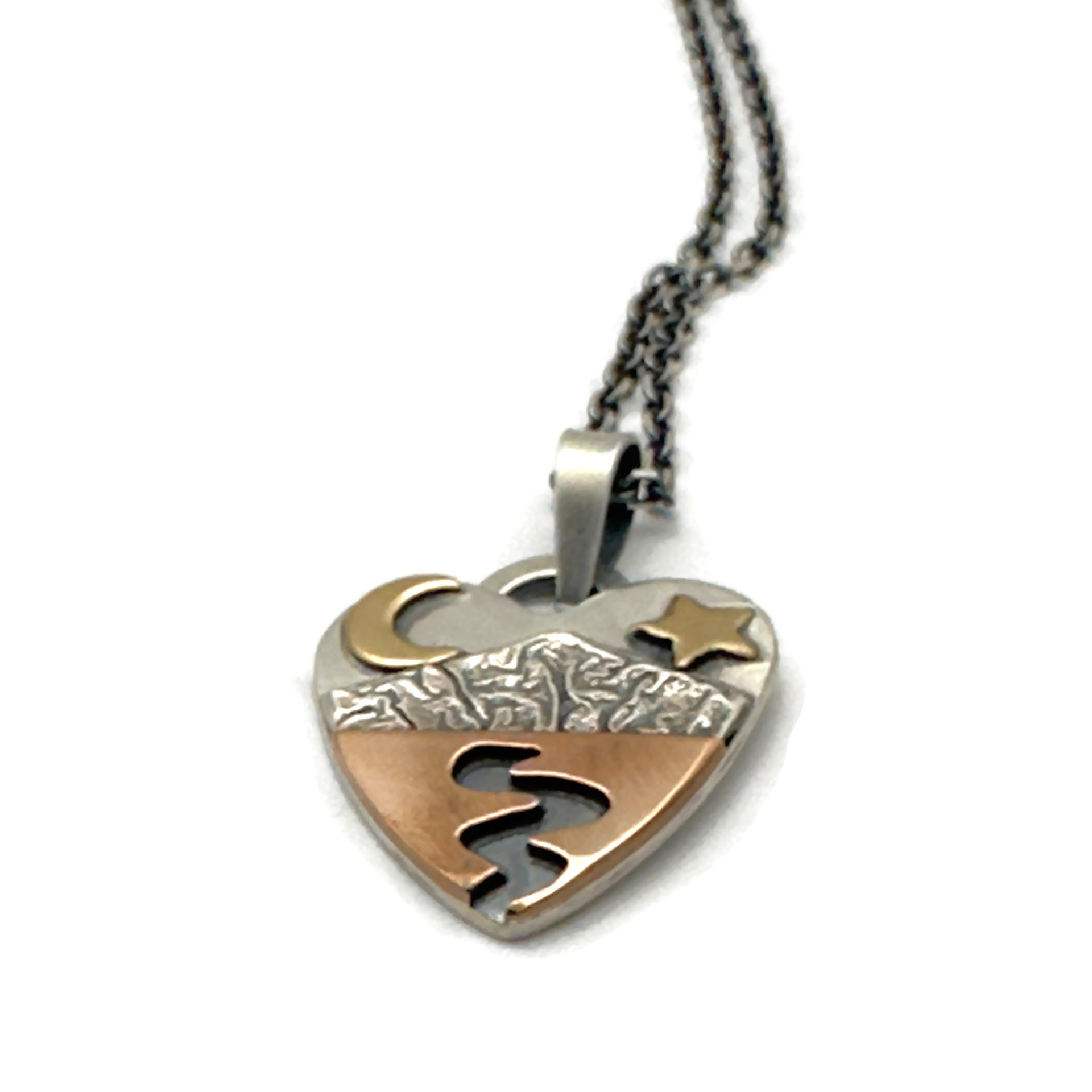 Alpine Heart Necklace Mixed Metals Bronze Crescent Moon and Star