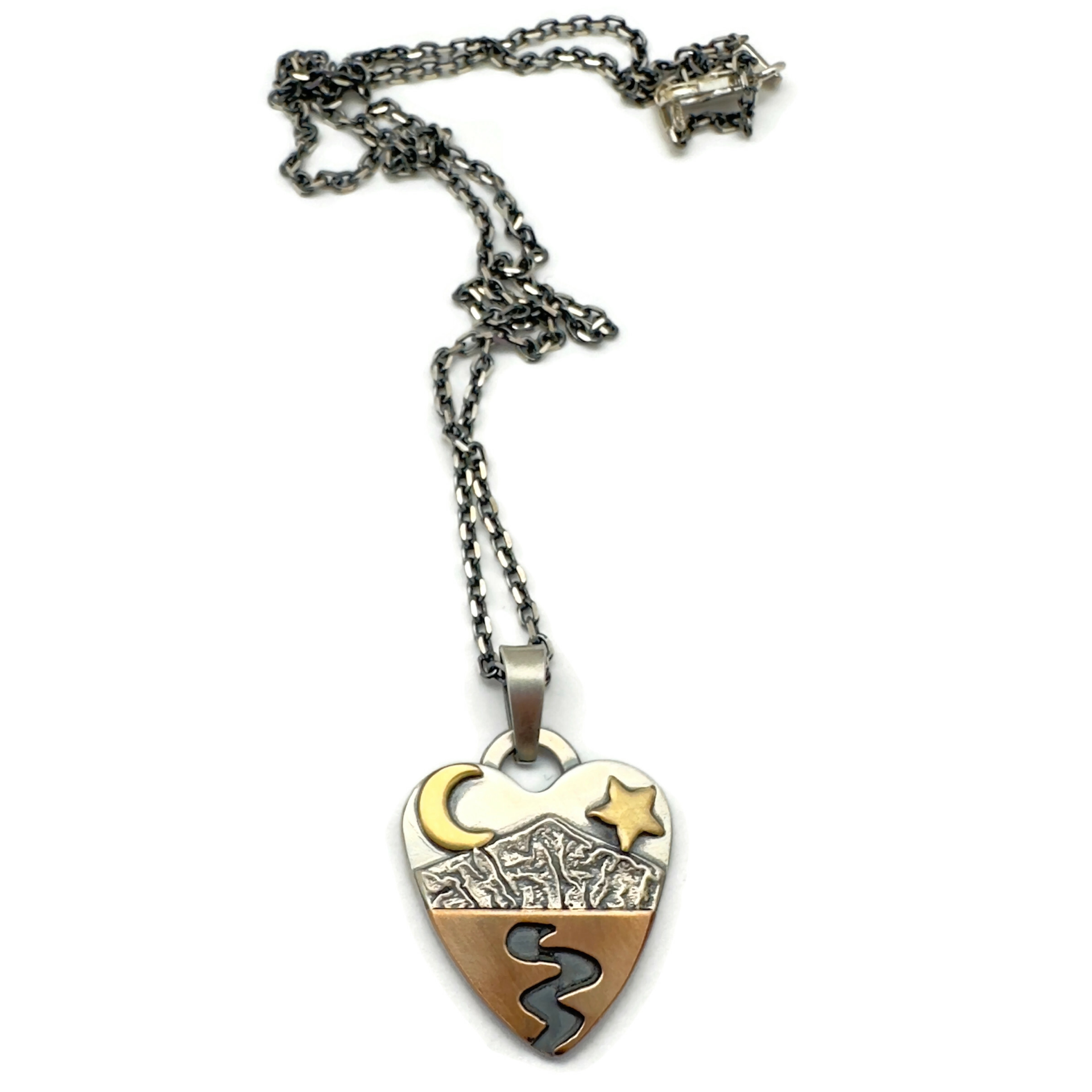 Alpine Heart Necklace Mixed Metals Bronze Crescent Moon and Star