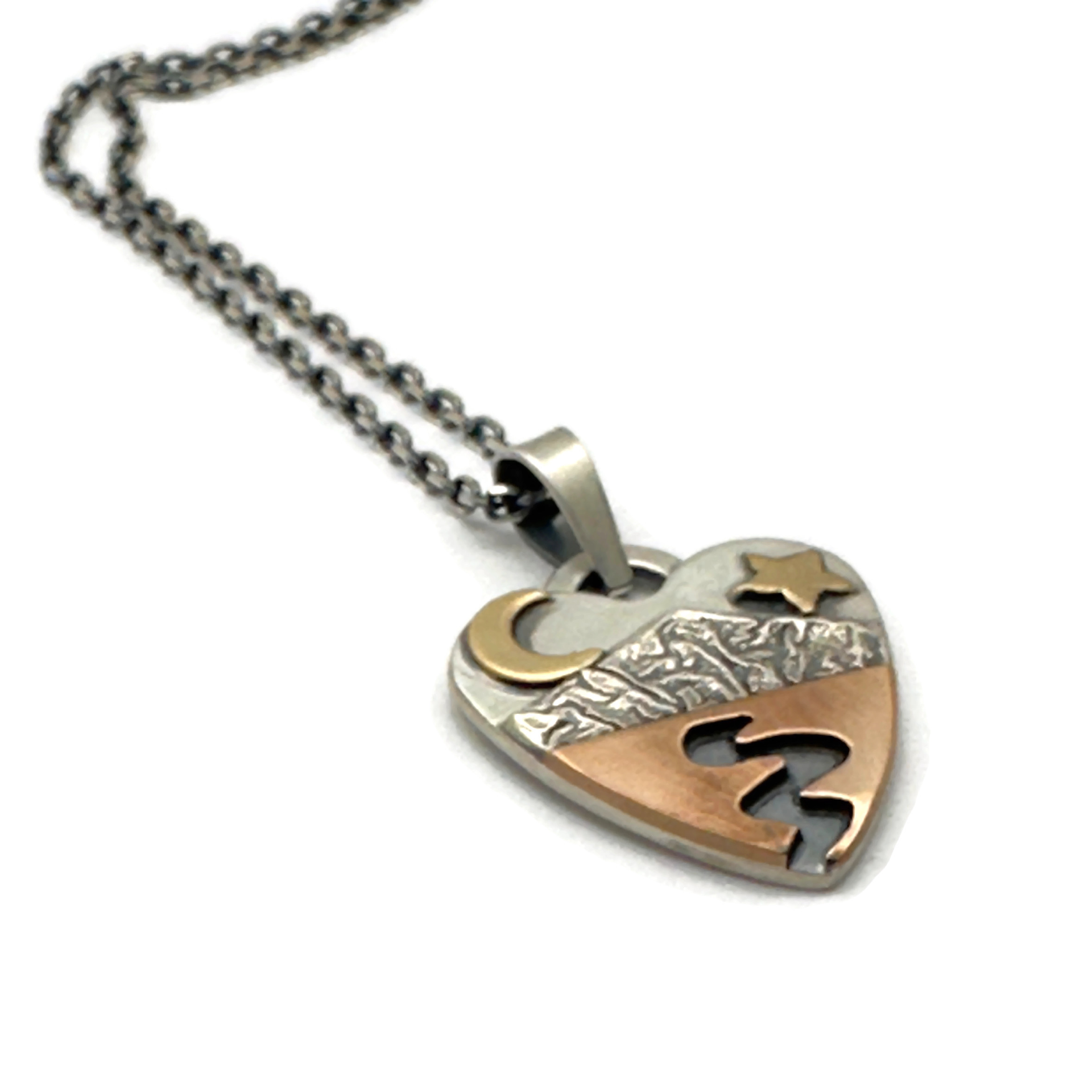 Alpine Heart Necklace Mixed Metals Bronze Crescent Moon and Star