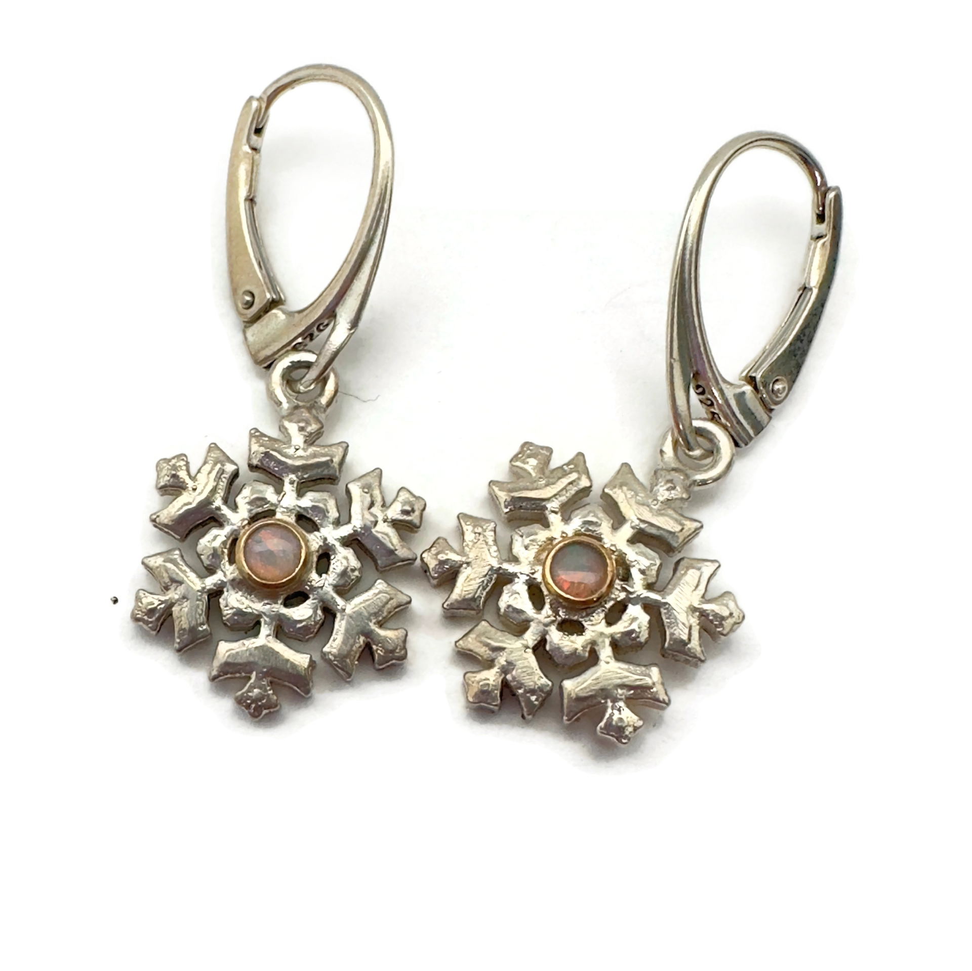 Sterling Silver Snowflake Earrings with Australian Opals set in 14K Gold