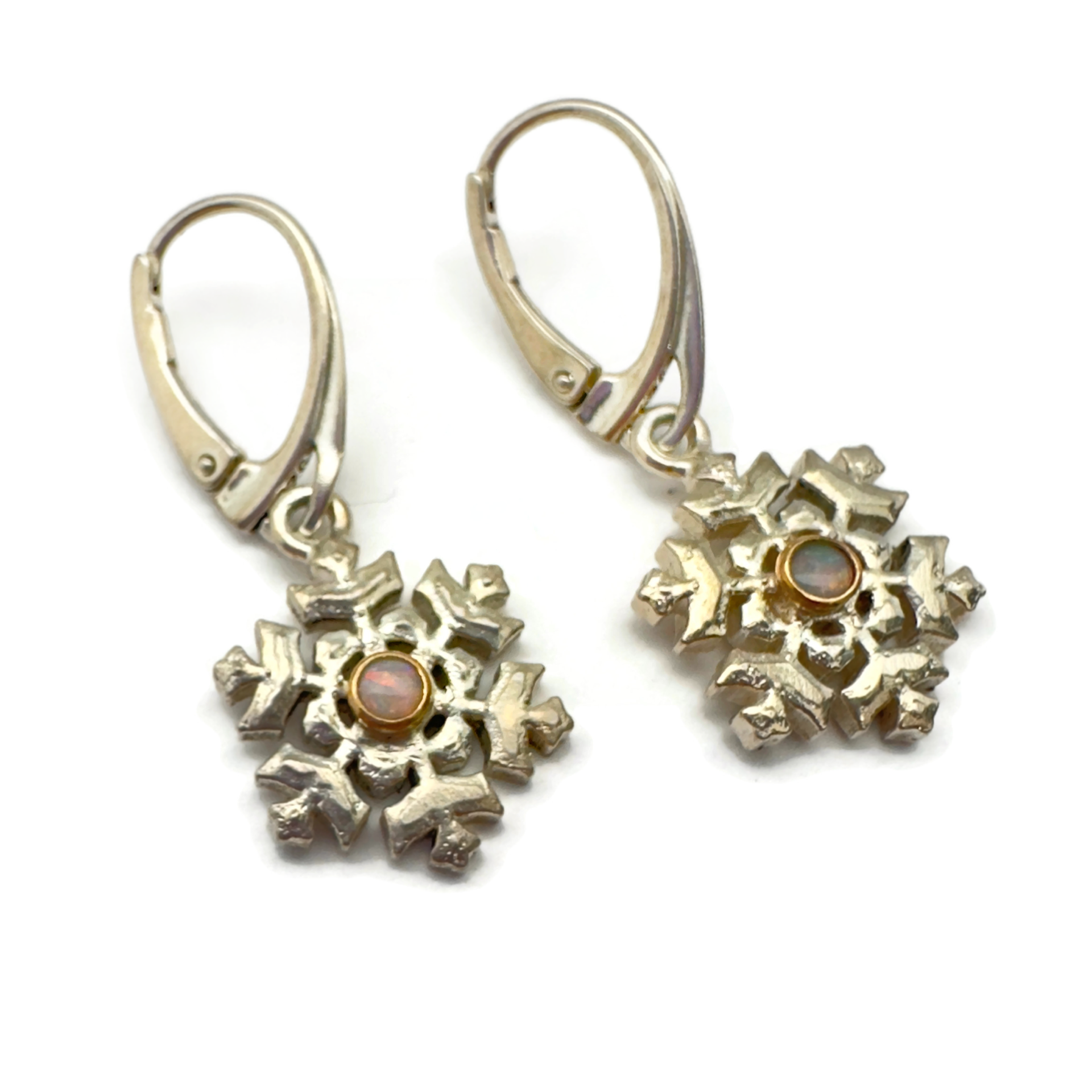 Sterling Silver Snowflake Earrings with Australian Opals set in 14K Gold