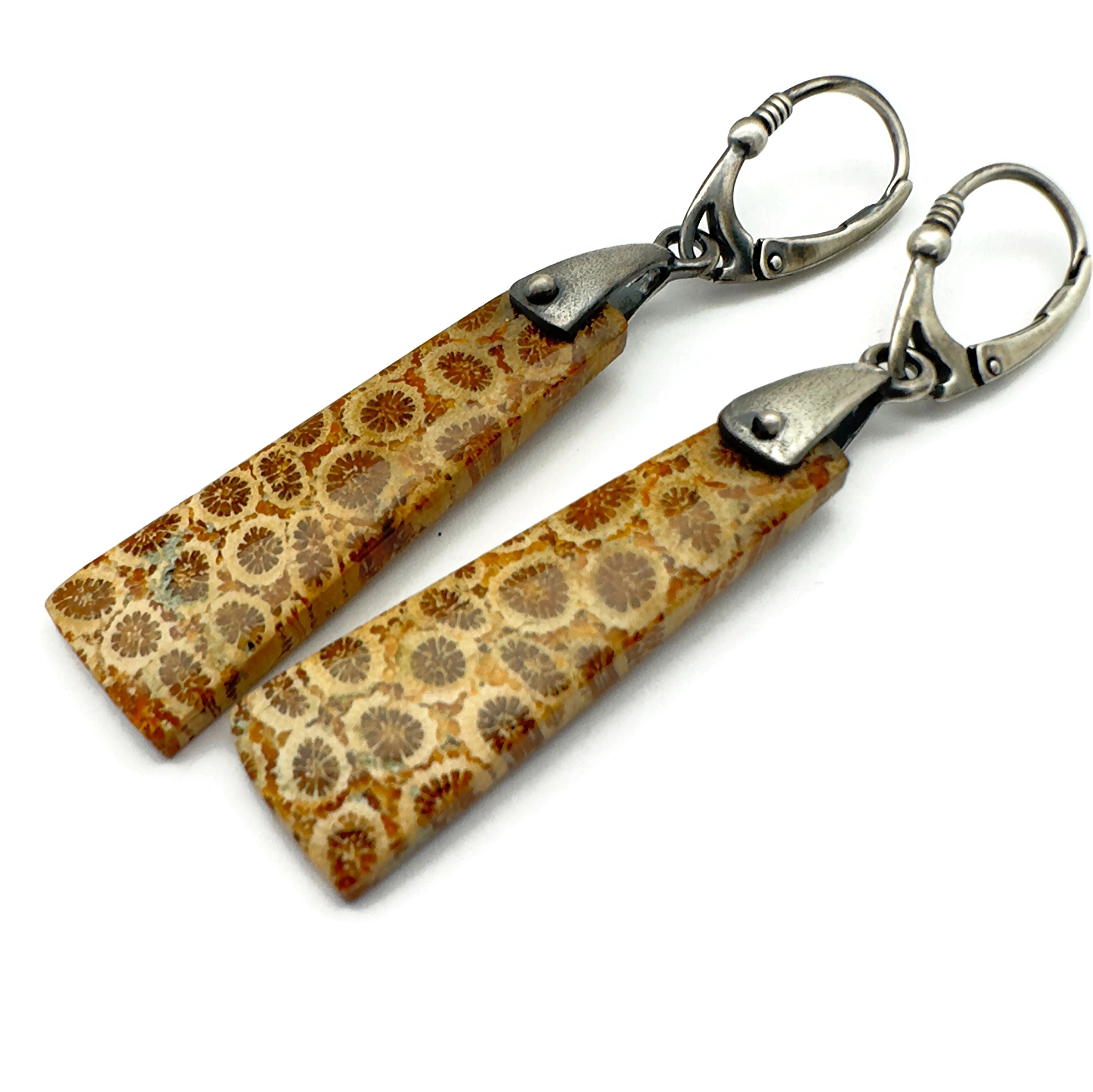 Fossil Coral and Sterling Silver Saddle Set Earrings