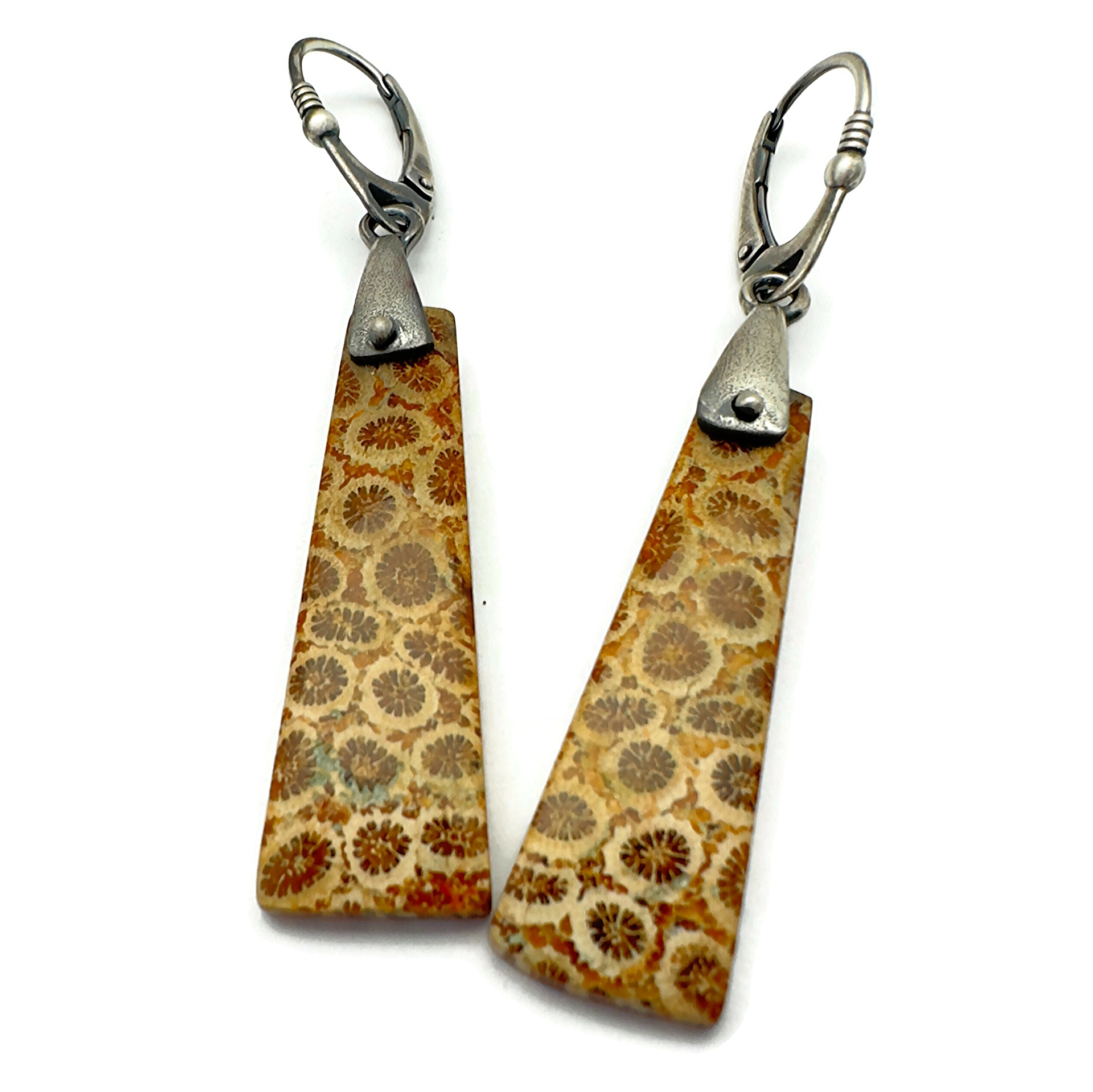 Fossil Coral and Sterling Silver Saddle Set Earrings