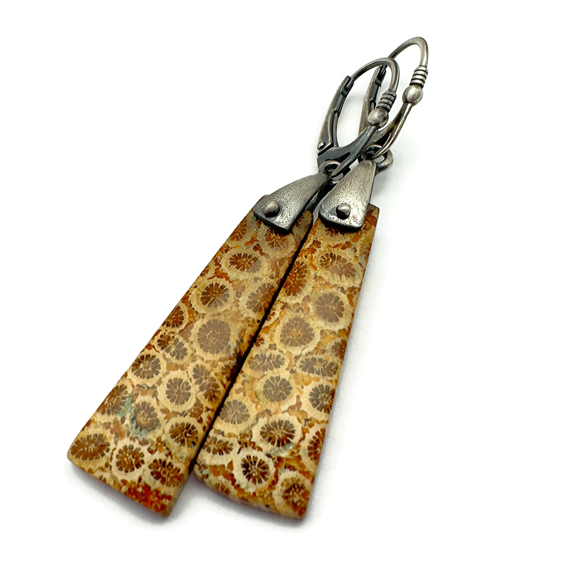 Fossil Coral and Sterling Silver Saddle Set Earrings