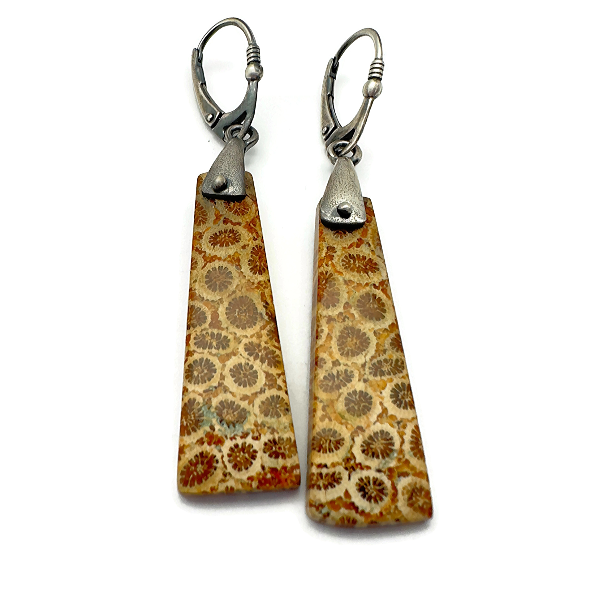 Fossil Coral and Sterling Silver Saddle Set Earrings