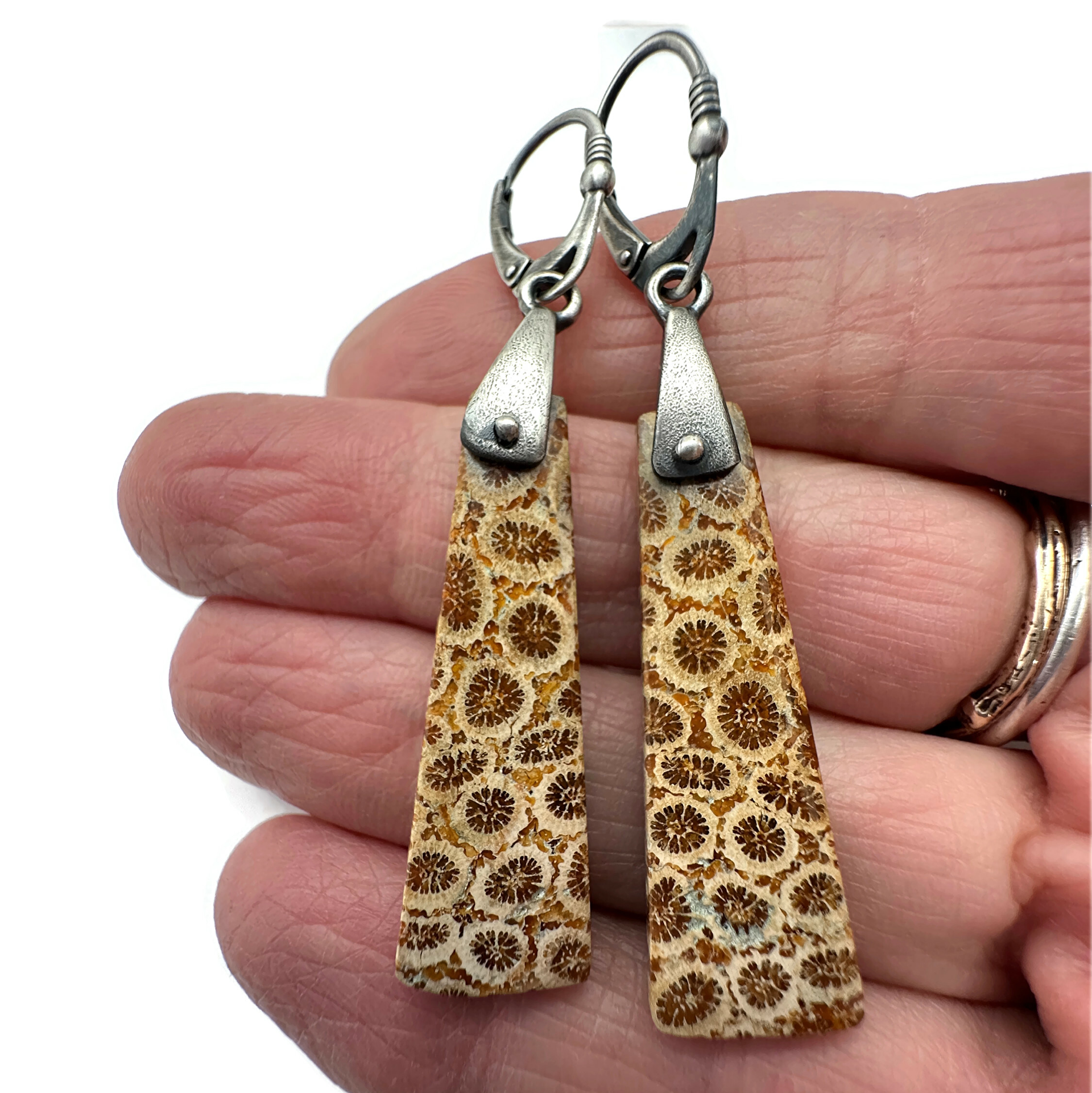 Fossil Coral and Sterling Silver Saddle Set Earrings