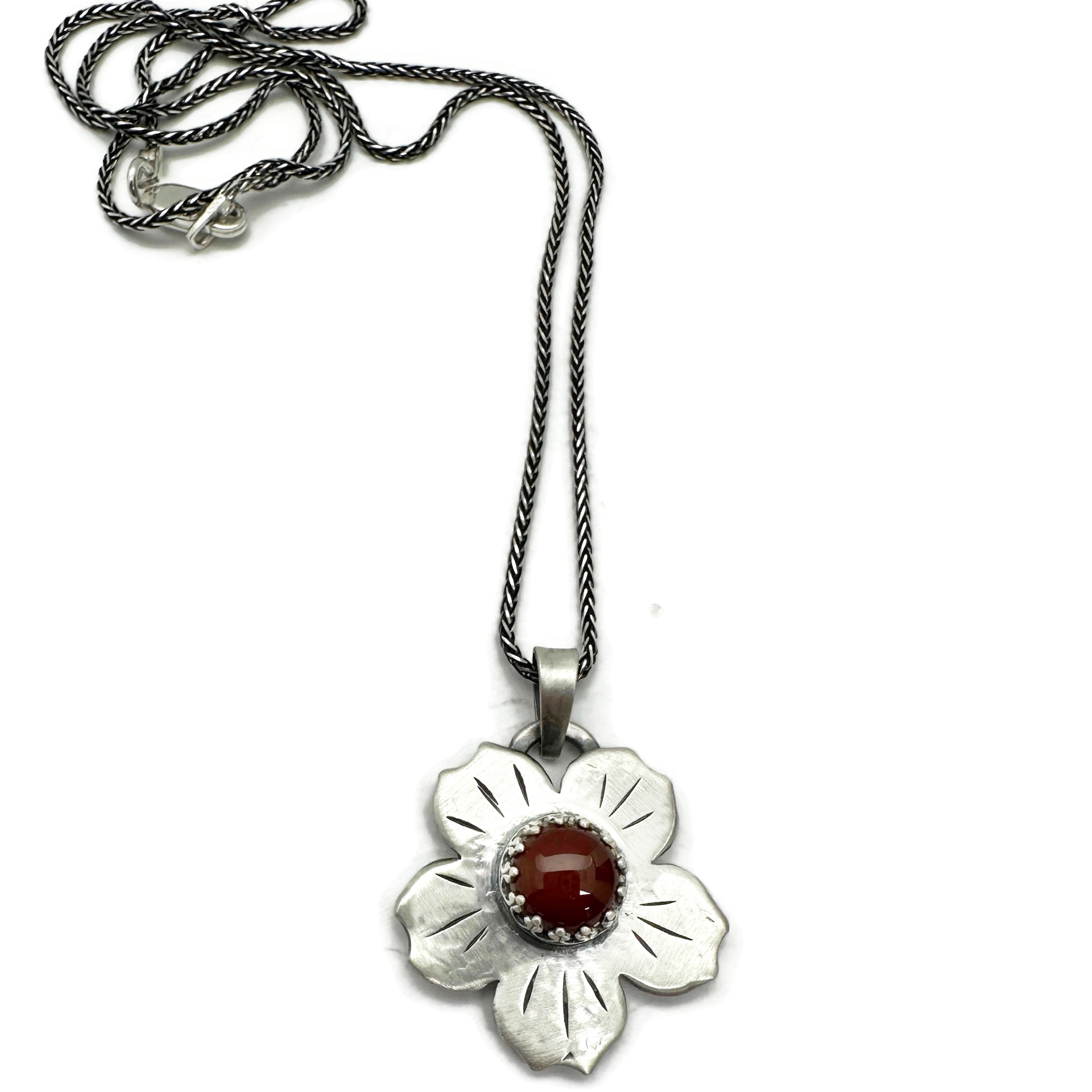 Sterling Silver with Carnelian Gemstone Flower Necklace