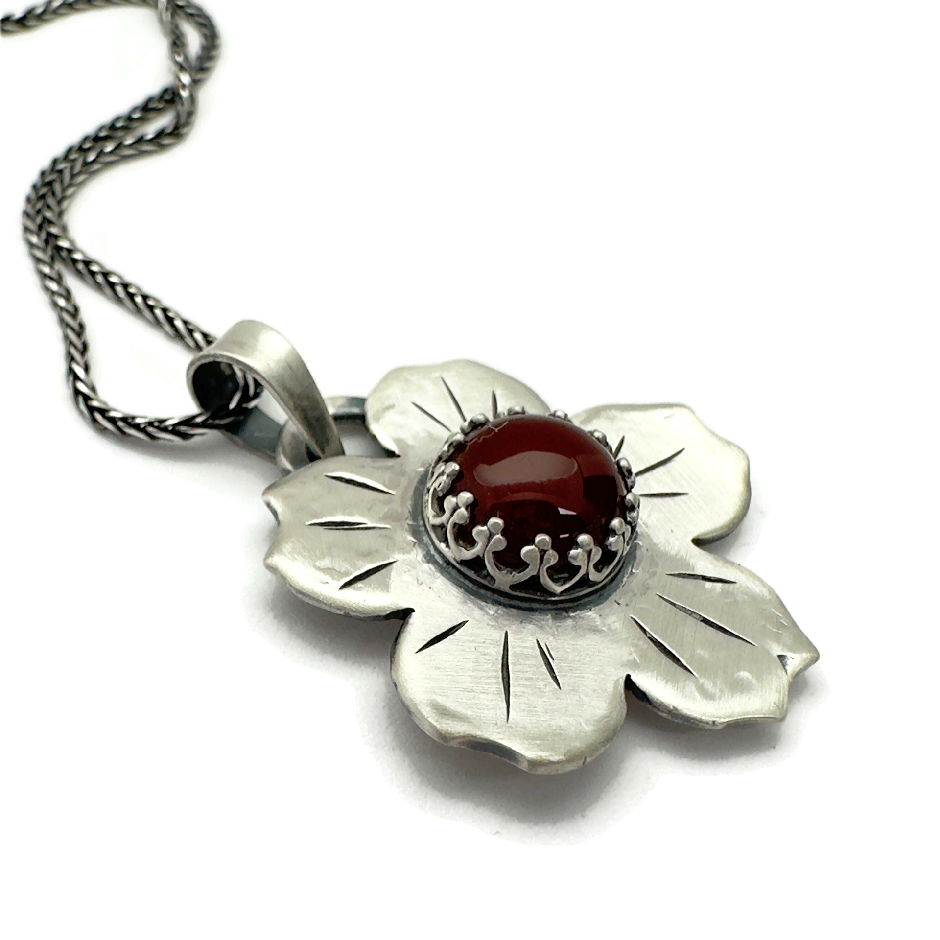 Sterling Silver with Carnelian Gemstone Flower Necklace