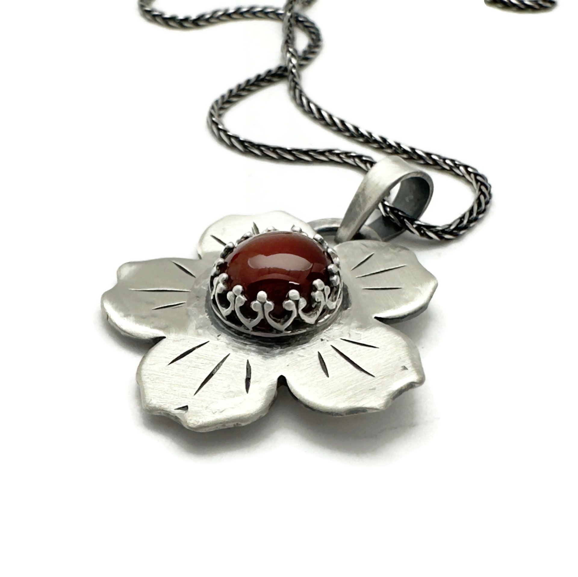 Sterling Silver with Carnelian Gemstone Flower Necklace