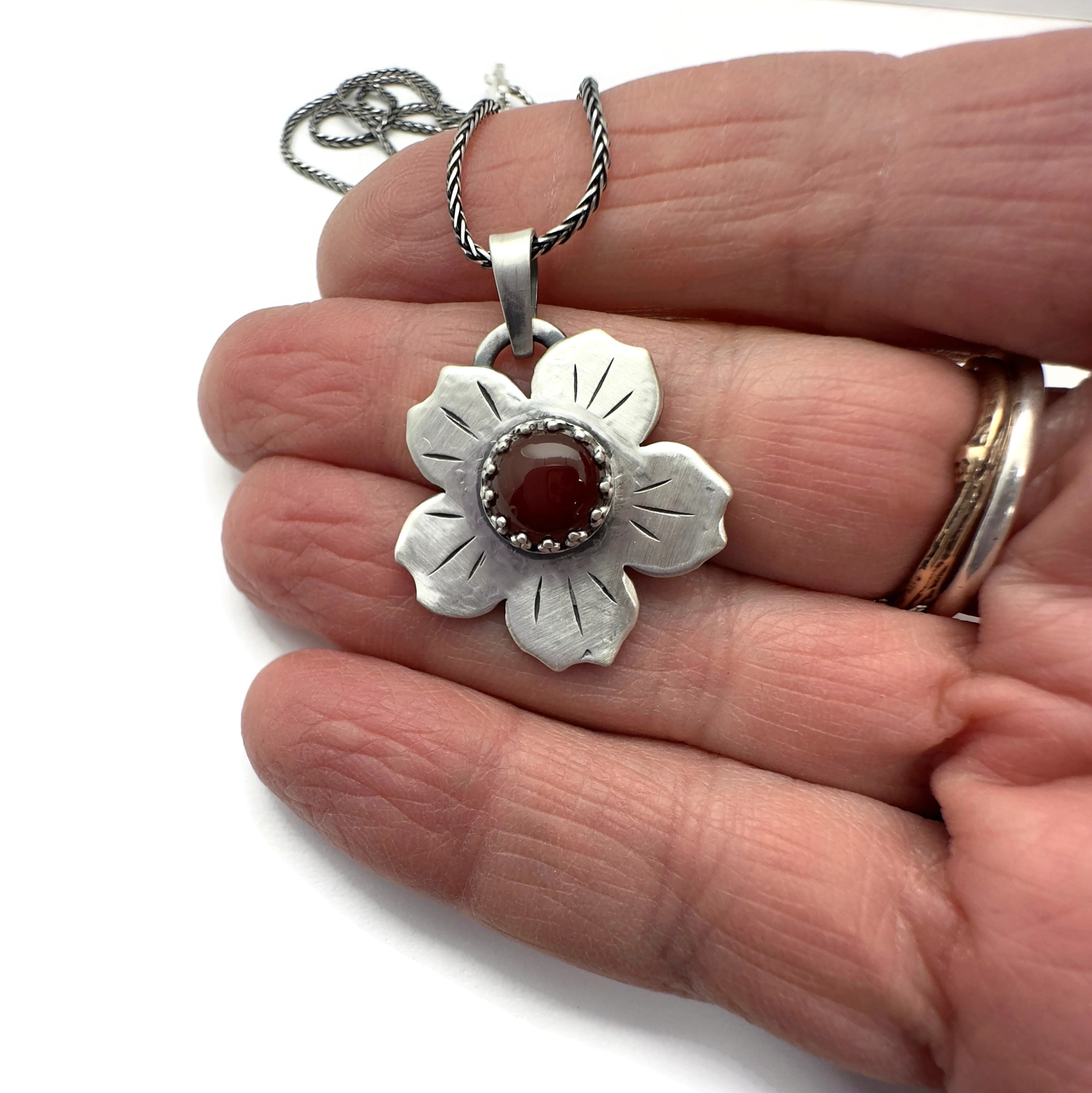 Sterling Silver with Carnelian Gemstone Flower Necklace