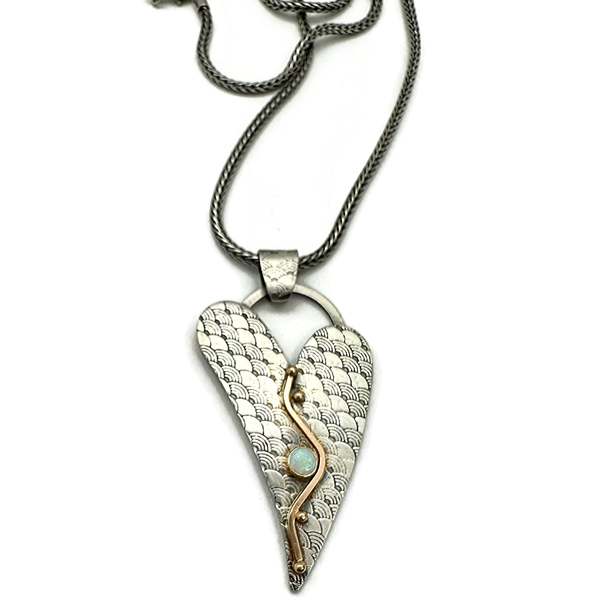 Whimsical Heart Necklace in Sterling Silver, 14k Gold, Australian Opal