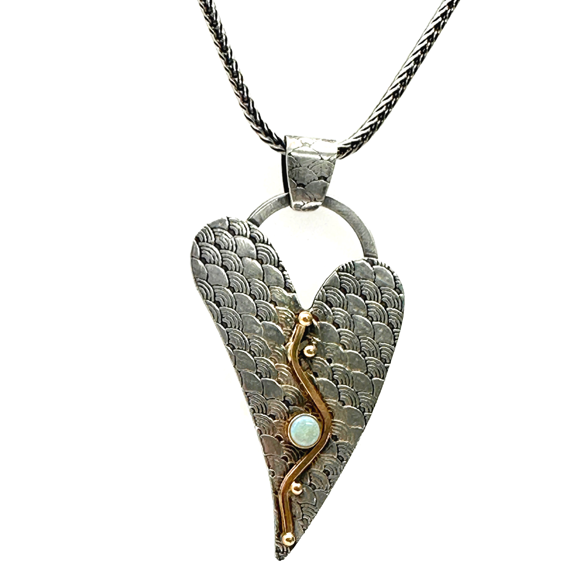 Whimsical Heart Necklace in Sterling Silver, 14k Gold, Australian Opal