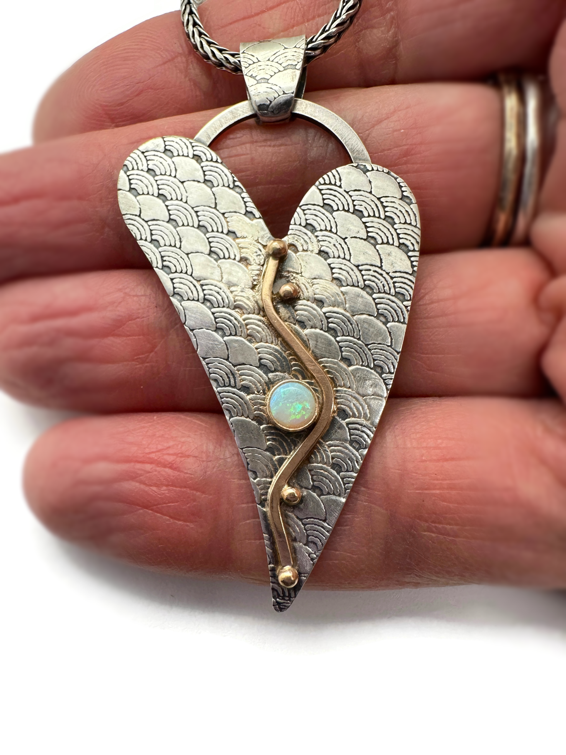 Whimsical Heart Necklace in Sterling Silver, 14k Gold, Australian Opal