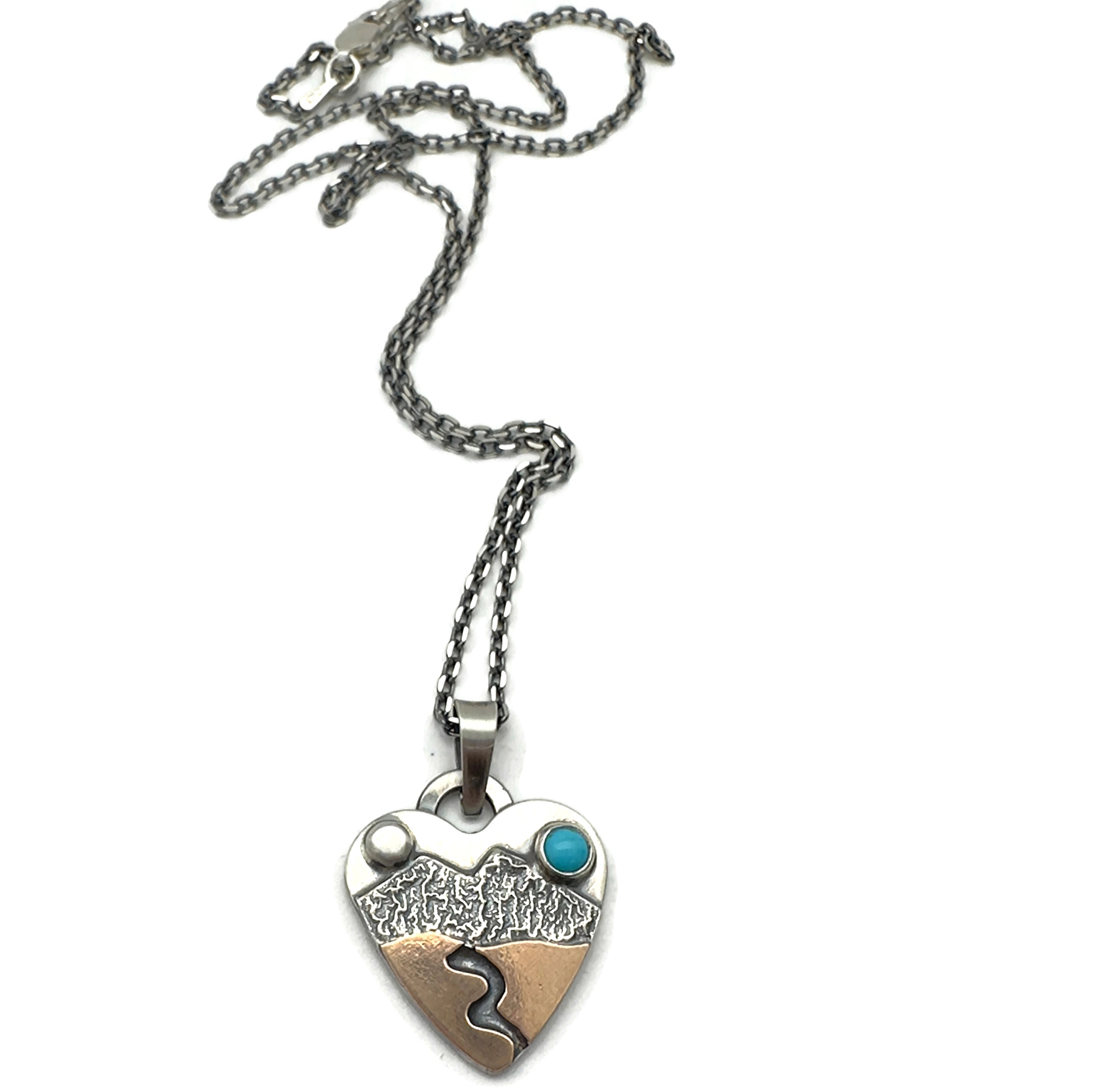 Alpine Heart Necklace Mixed Metals Sterling Silver with Bronze and Sleeping Beauty Turquoise