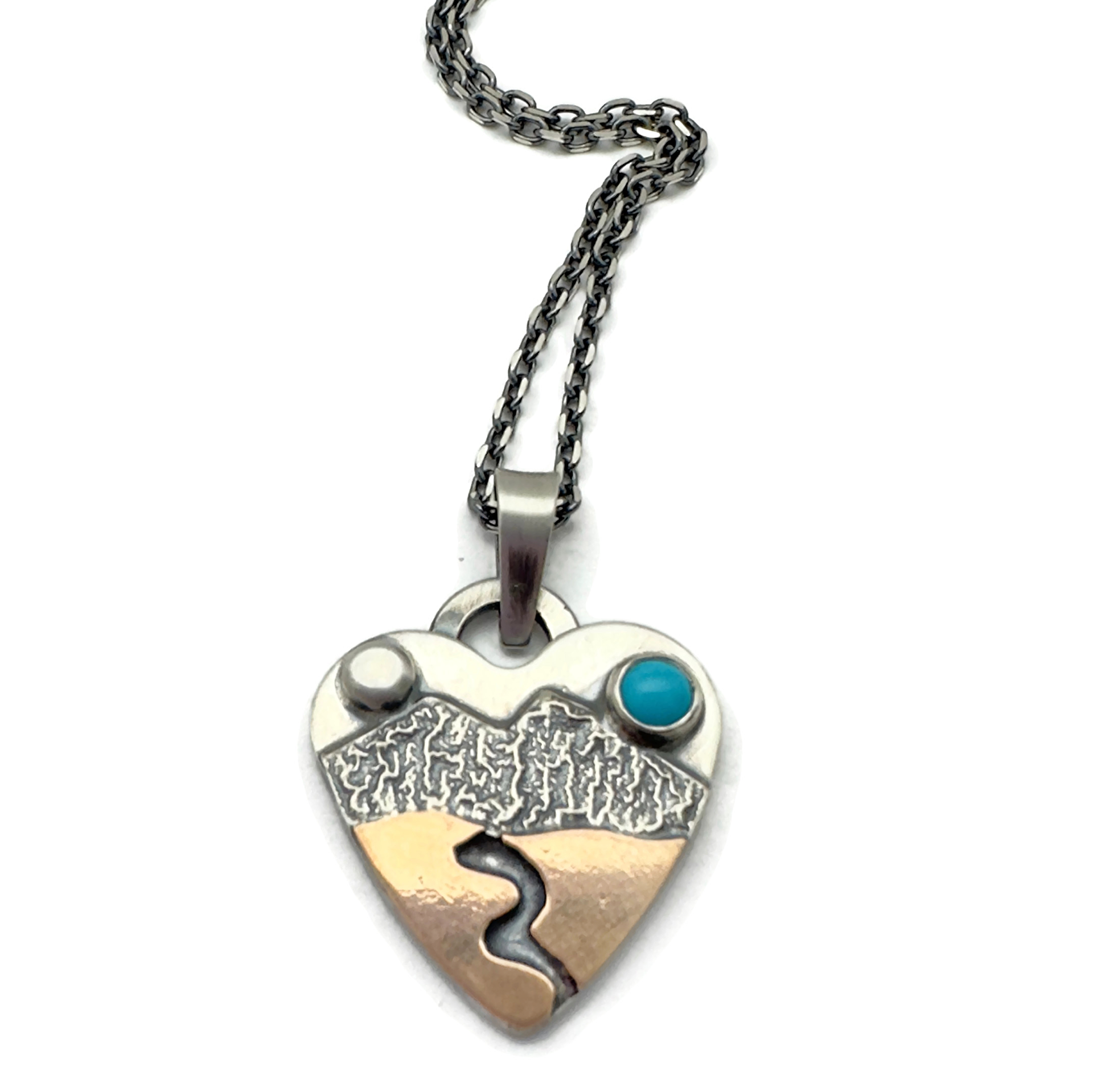 Alpine Heart Necklace Mixed Metals Sterling Silver with Bronze and Sleeping Beauty Turquoise