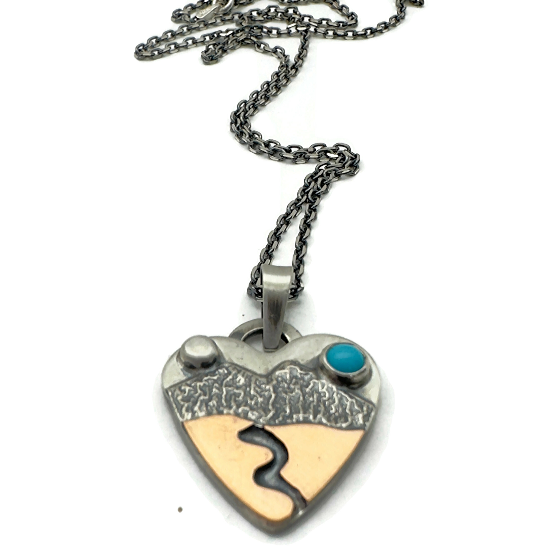 Alpine Heart Necklace Mixed Metals Sterling Silver with Bronze and Sleeping Beauty Turquoise