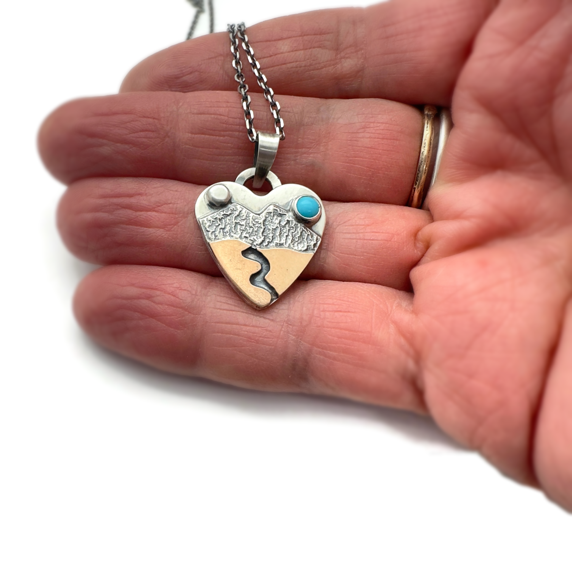 Alpine Heart Necklace Mixed Metals Sterling Silver with Bronze and Sleeping Beauty Turquoise