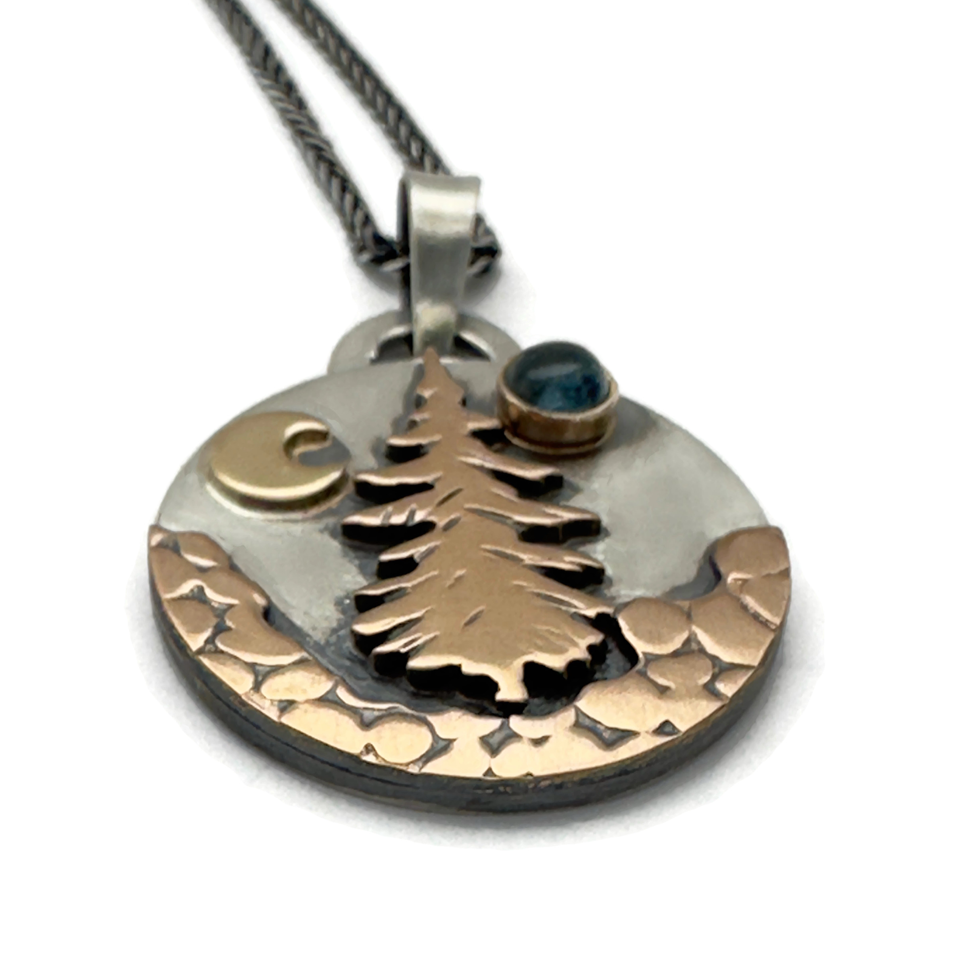 Alpine Necklace Lone Pine Tree Sterling Silver, Bronze, 14K Gold, Montana Sapphire