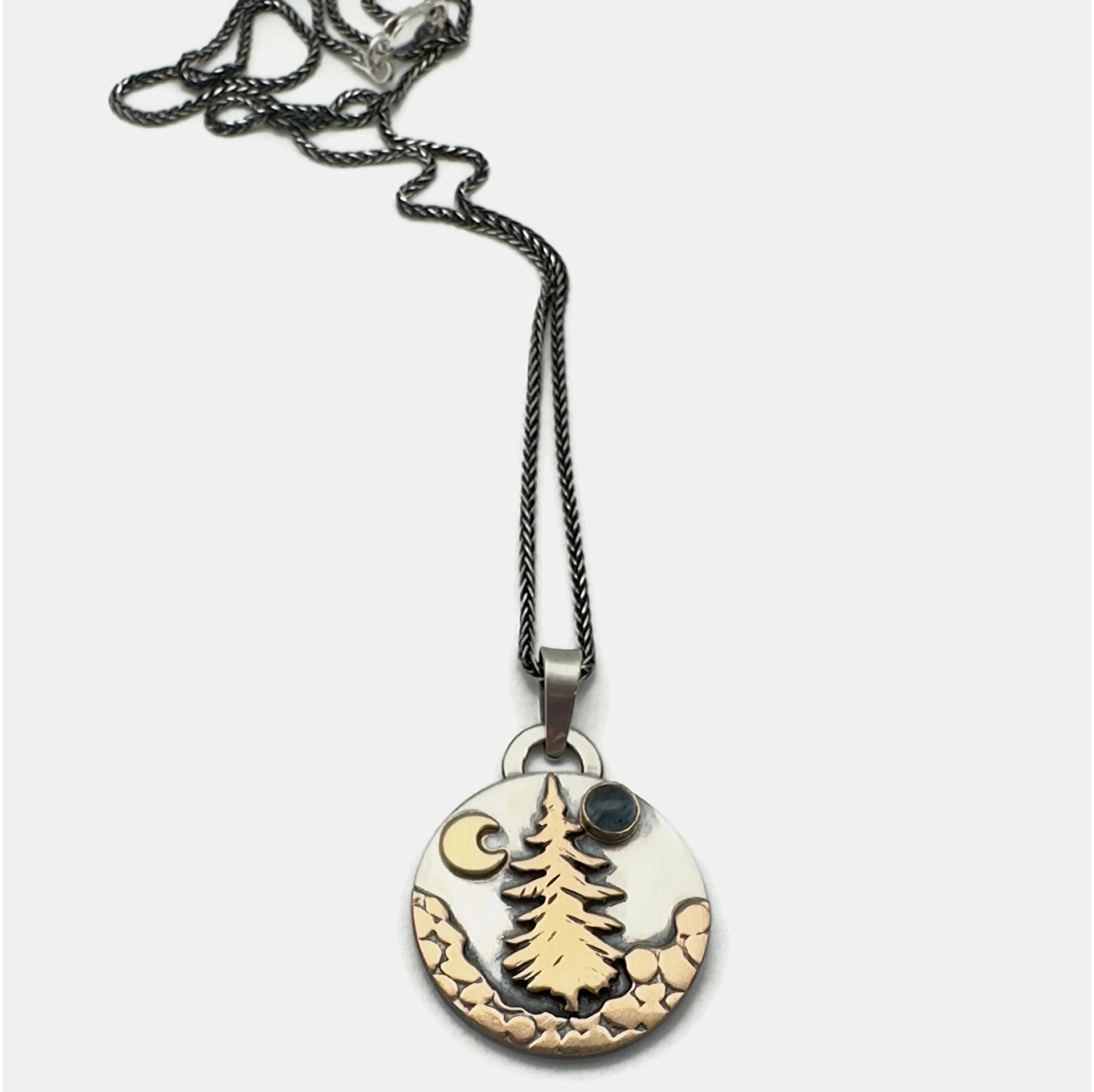 Alpine Necklace Lone Pine Tree Sterling Silver, Bronze, 14K Gold, Montana Sapphire