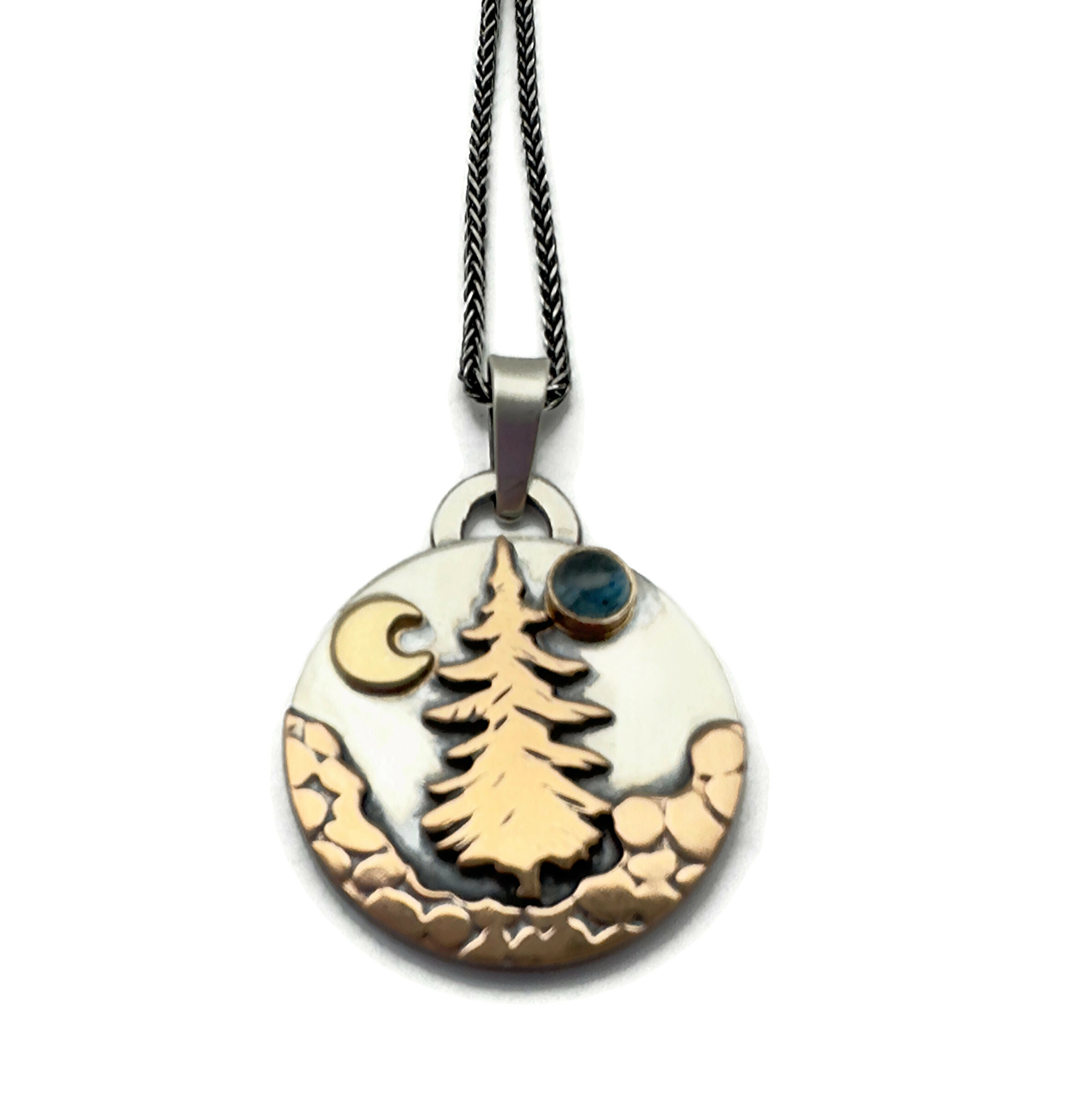 Alpine Necklace Lone Pine Tree Sterling Silver, Bronze, 14K Gold, Montana Sapphire