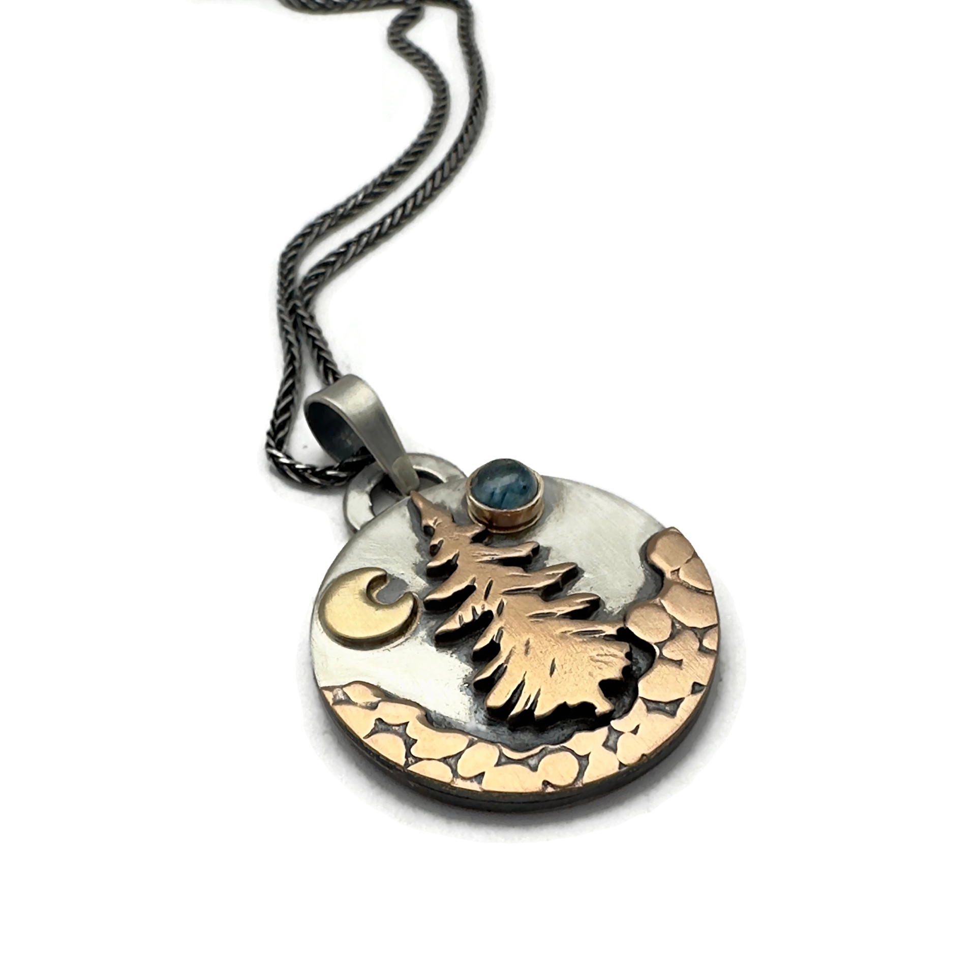 Alpine Necklace Lone Pine Tree Sterling Silver, Bronze, 14K Gold, Montana Sapphire