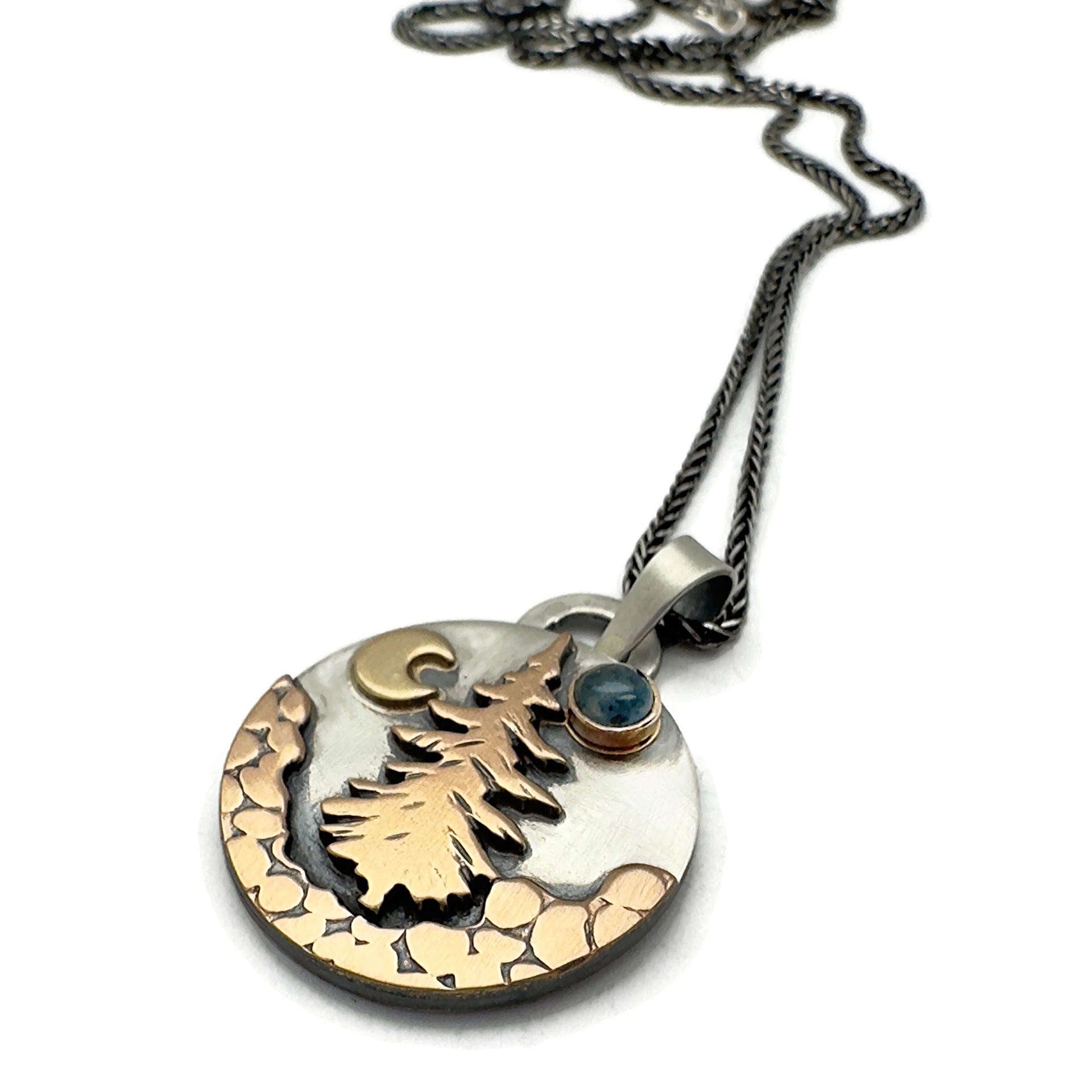 Alpine Necklace Lone Pine Tree Sterling Silver, Bronze, 14K Gold, Montana Sapphire