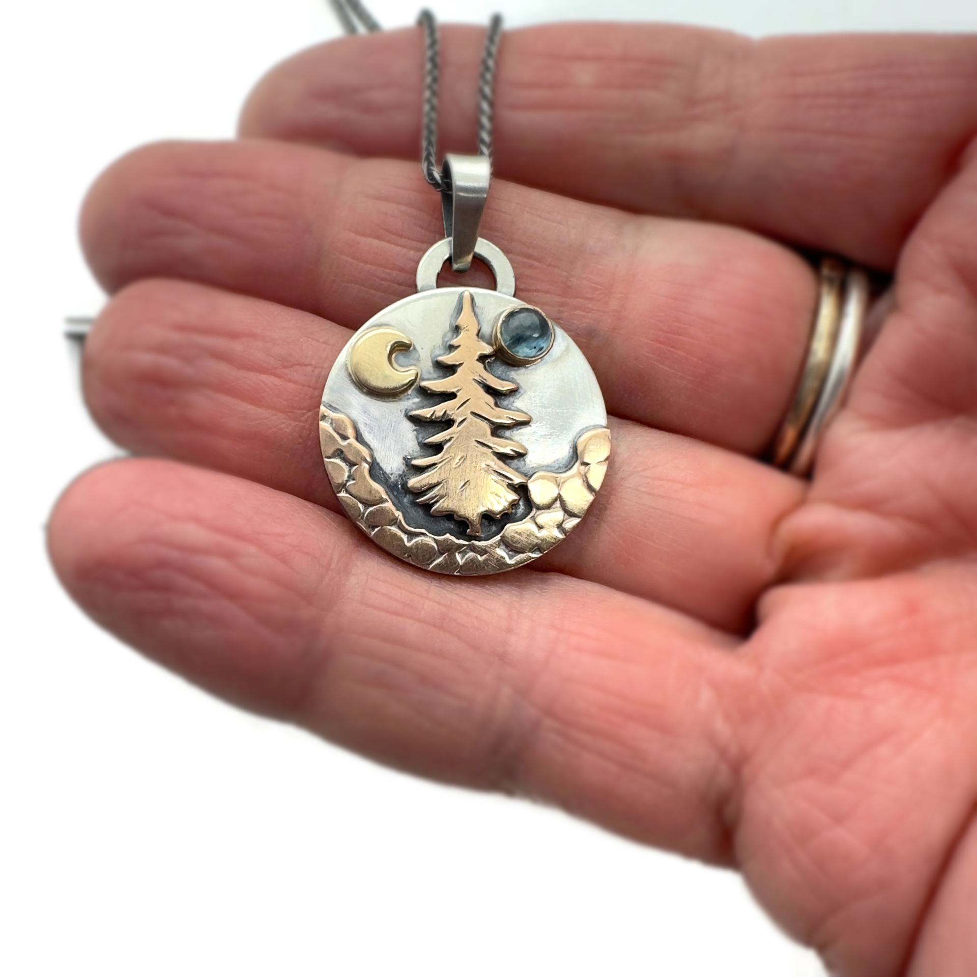 Alpine Necklace Lone Pine Tree Sterling Silver, Bronze, 14K Gold, Montana Sapphire