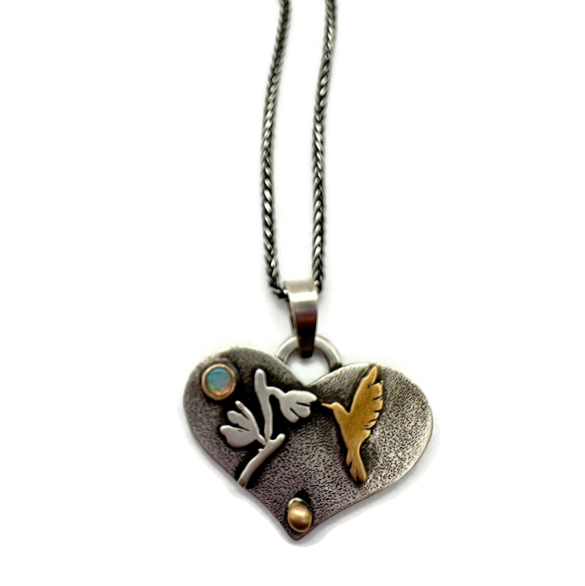 Hummingbird Necklace, Sterling Silver, Bronze, 14K Gold, Australian Opal