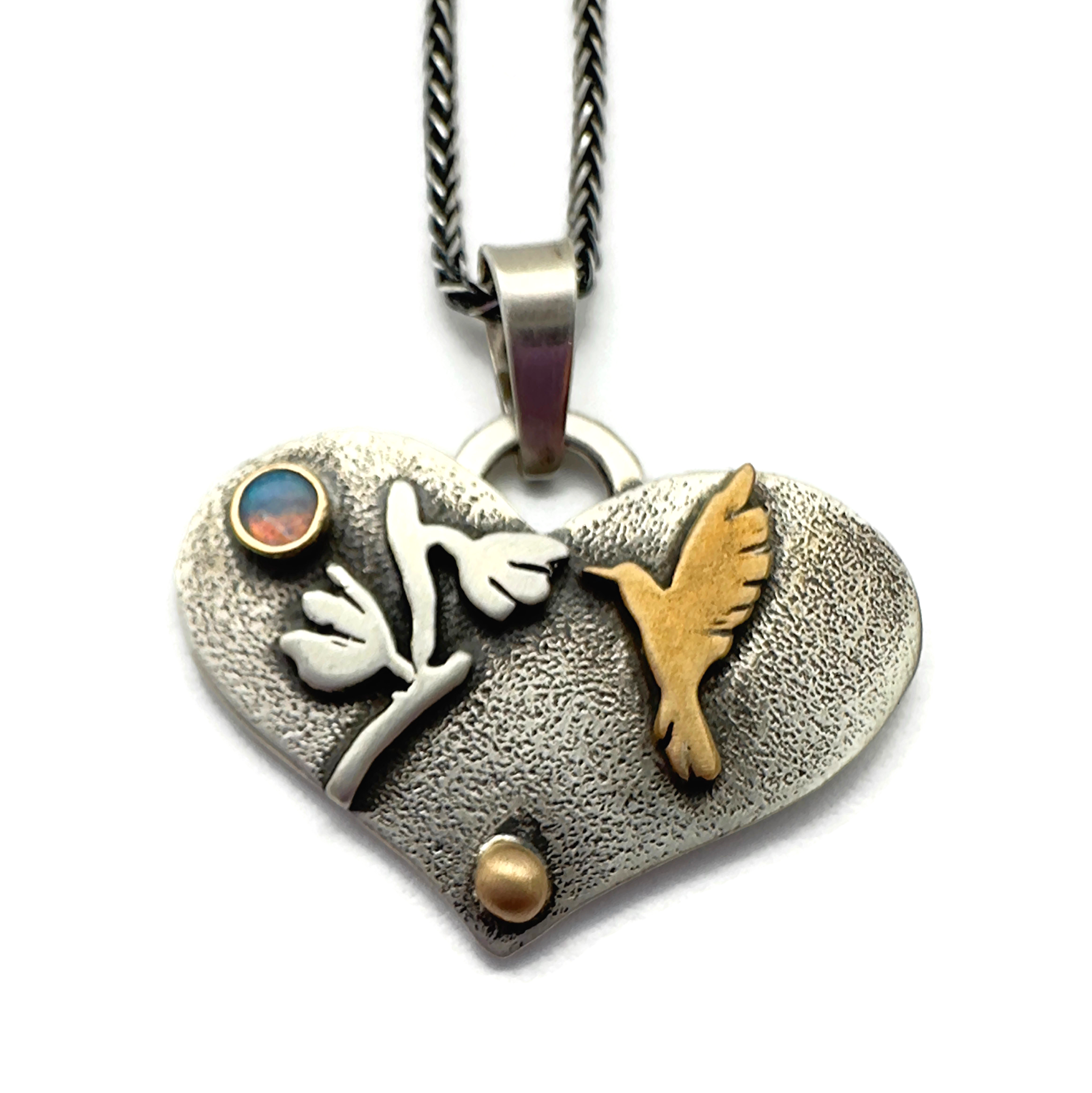 Hummingbird Necklace, Sterling Silver, Bronze, 14K Gold, Australian Opal