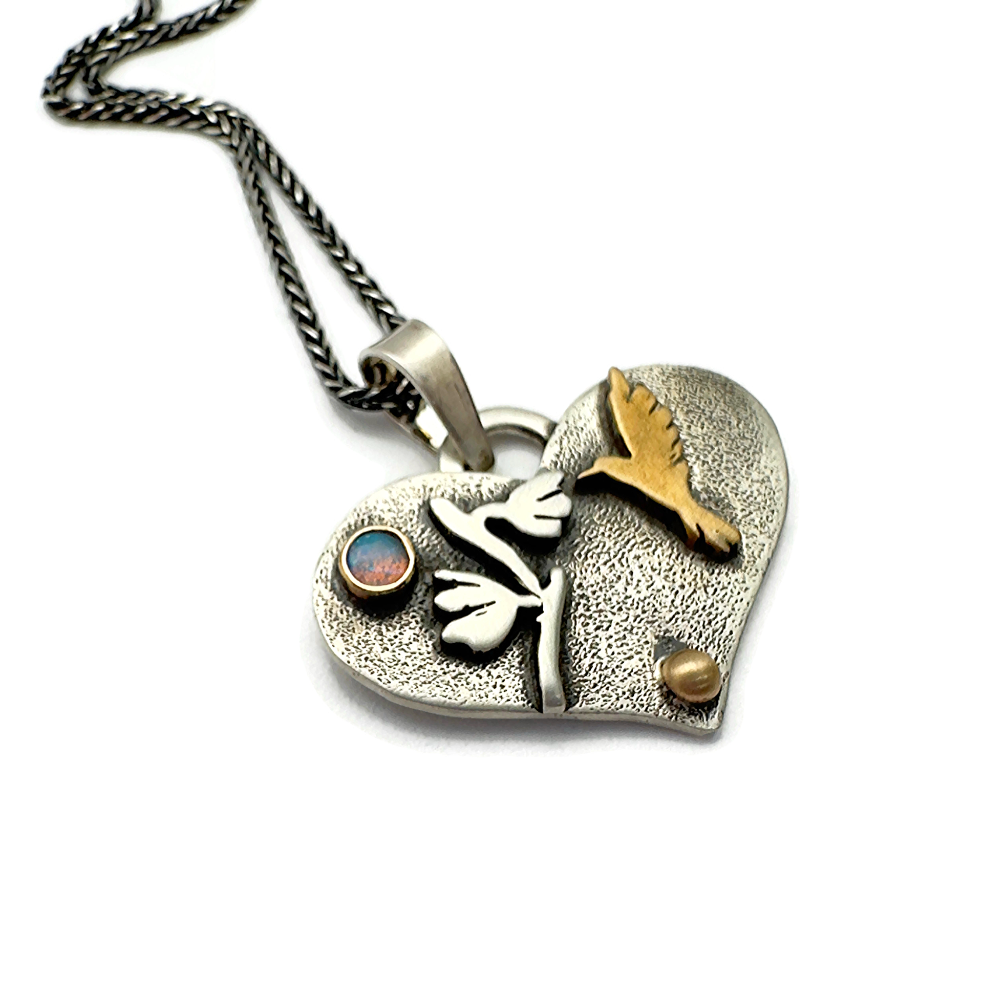 Hummingbird Necklace, Sterling Silver, Bronze, 14K Gold, Australian Opal