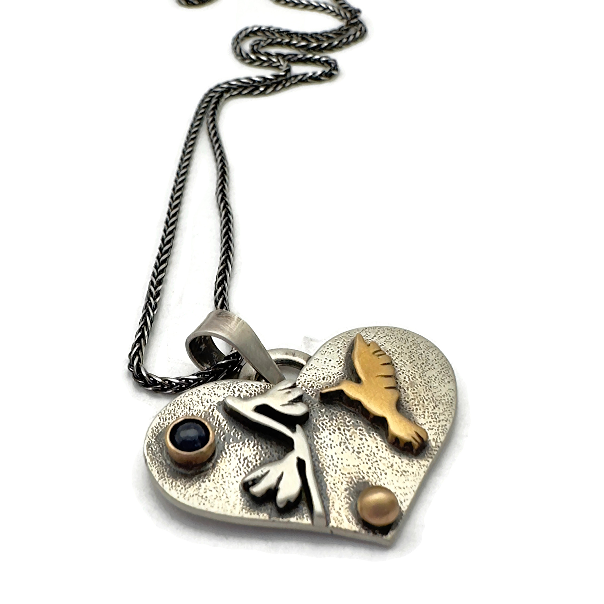 Hummingbird Necklace, Sterling Silver, Bronze, 14K Gold, Blue Sapphire