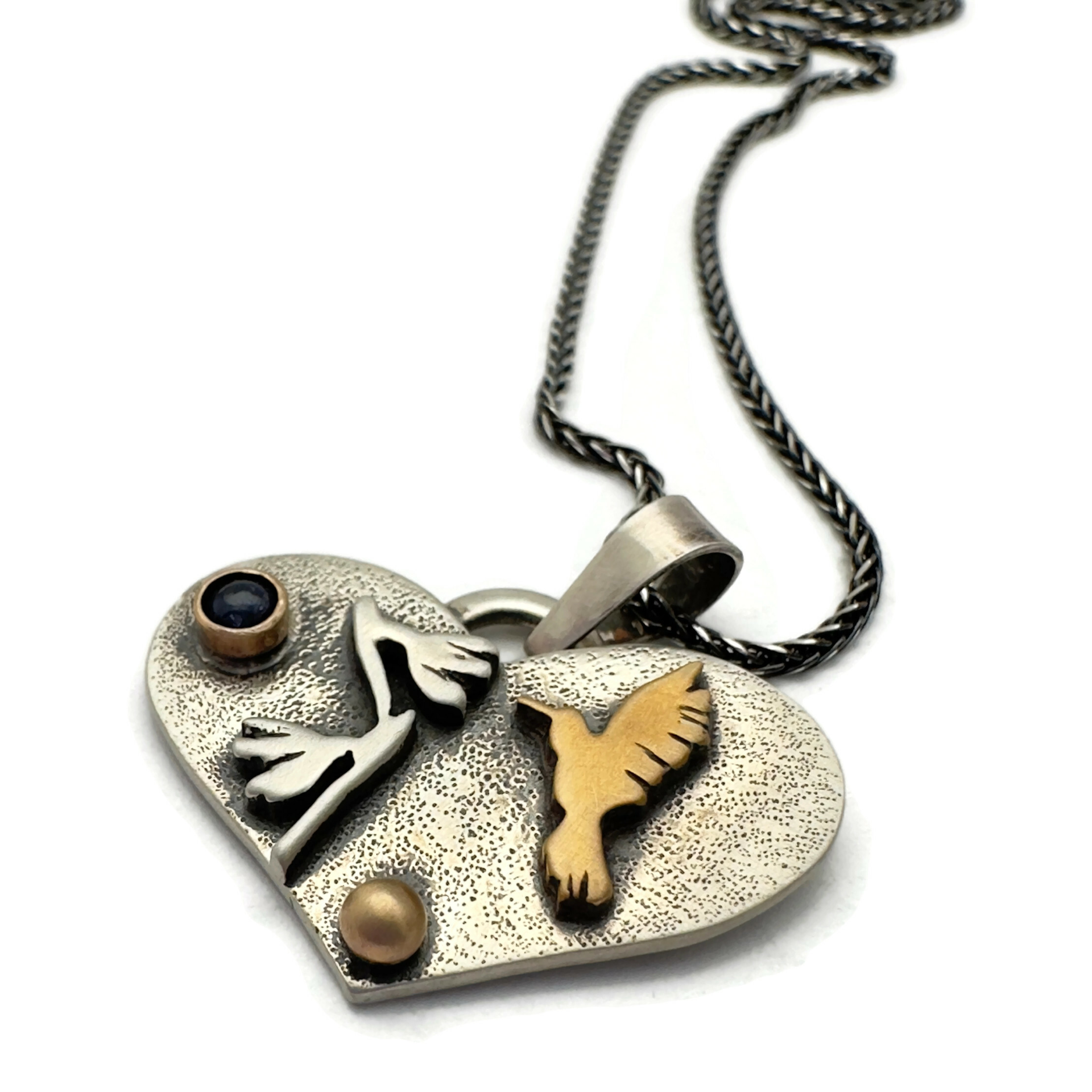 Hummingbird Necklace, Sterling Silver, Bronze, 14K Gold, Blue Sapphire