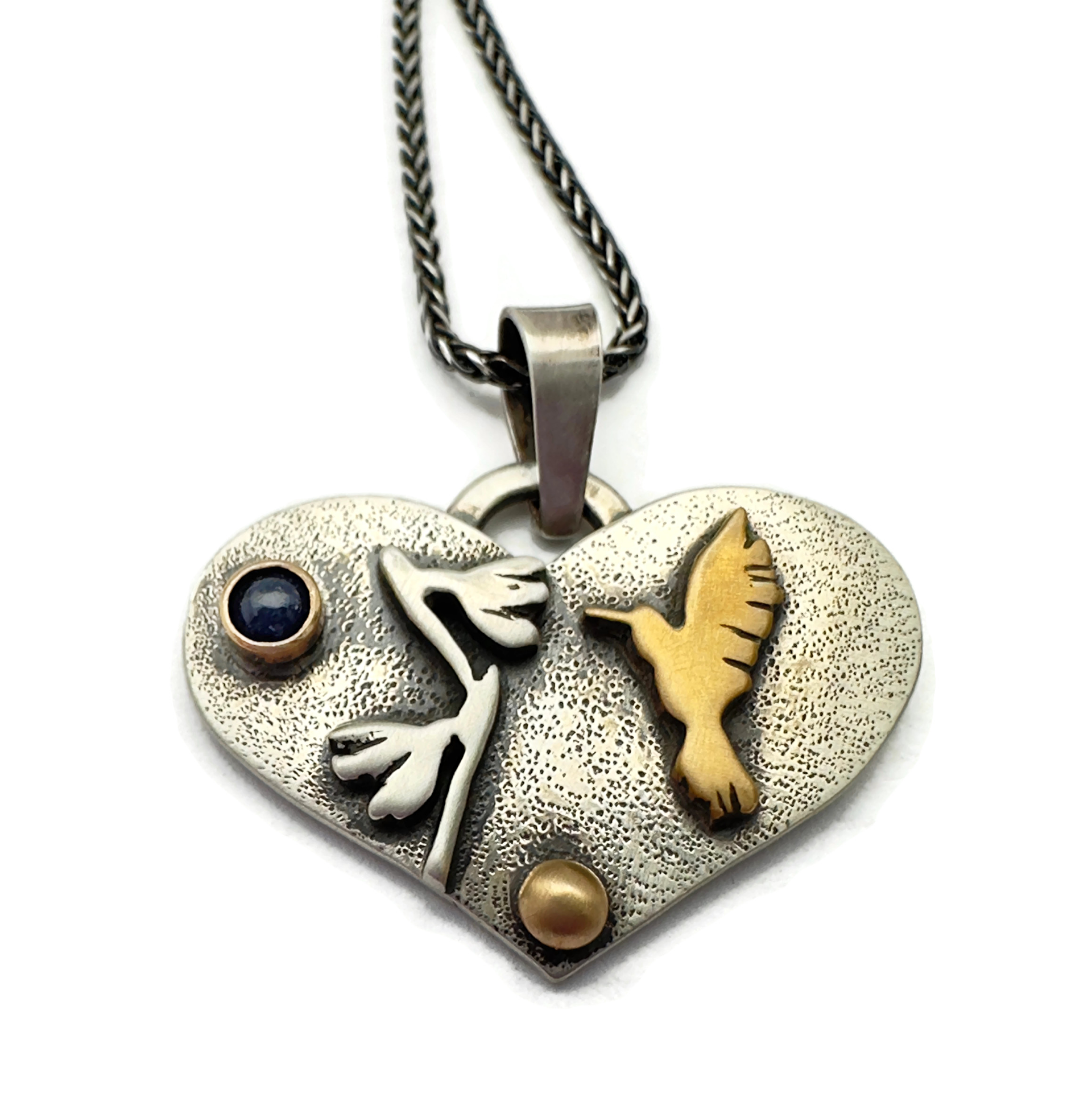 Hummingbird Necklace, Sterling Silver, Bronze, 14K Gold, Blue Sapphire