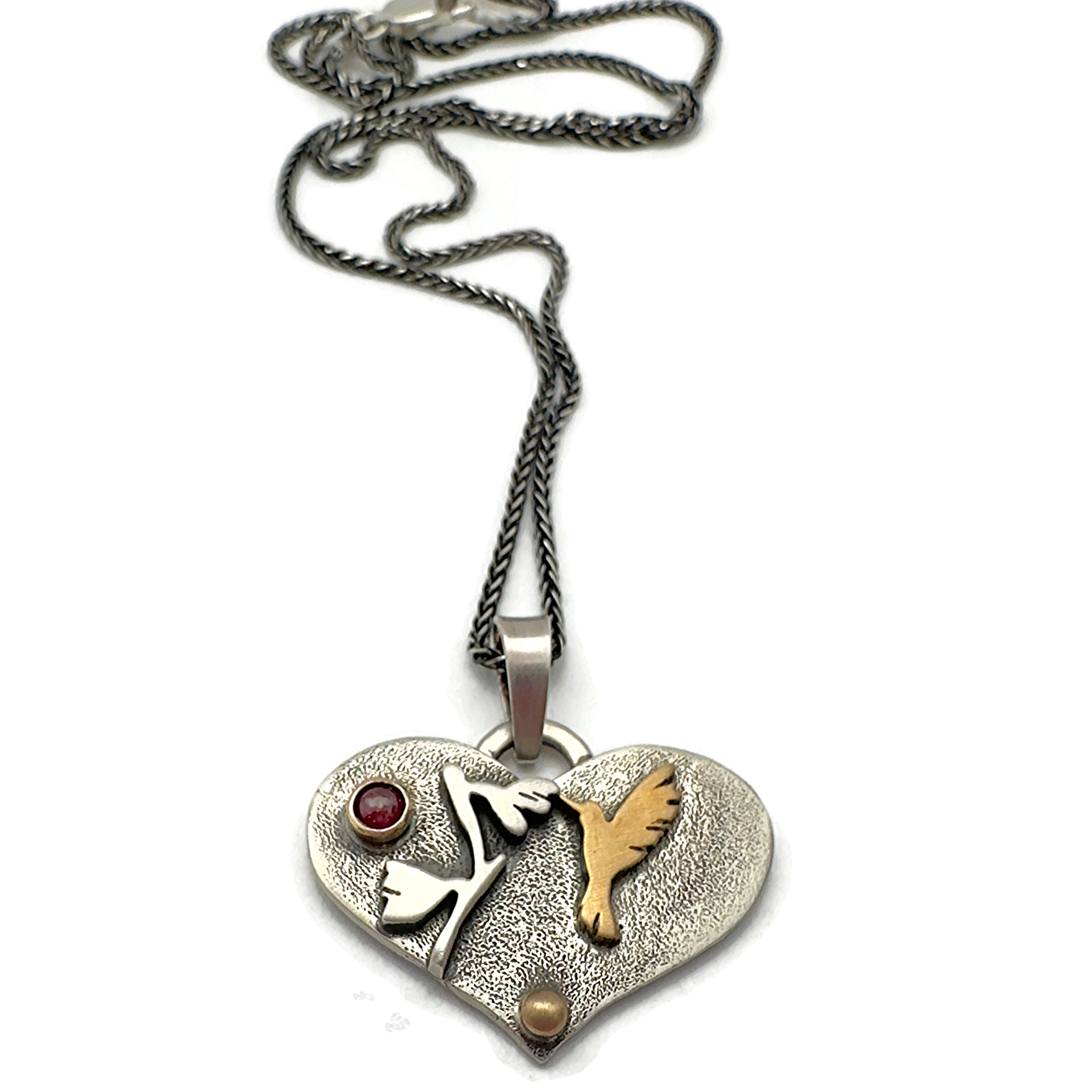 Hummingbird Necklace, Sterling Silver, Bronze, 14K Gold, Red Ruby