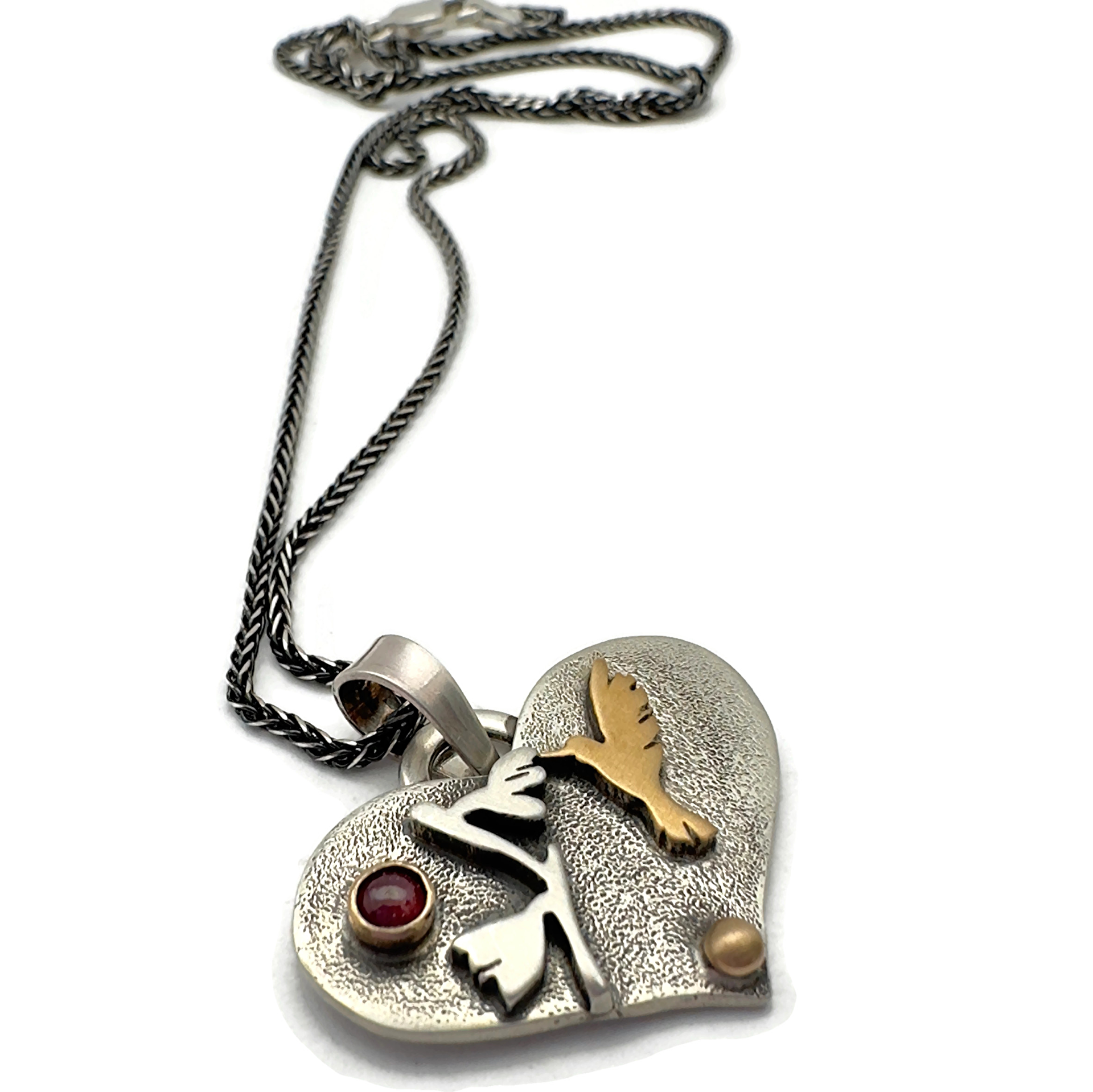 Hummingbird Necklace, Sterling Silver, Bronze, 14K Gold, Red Ruby