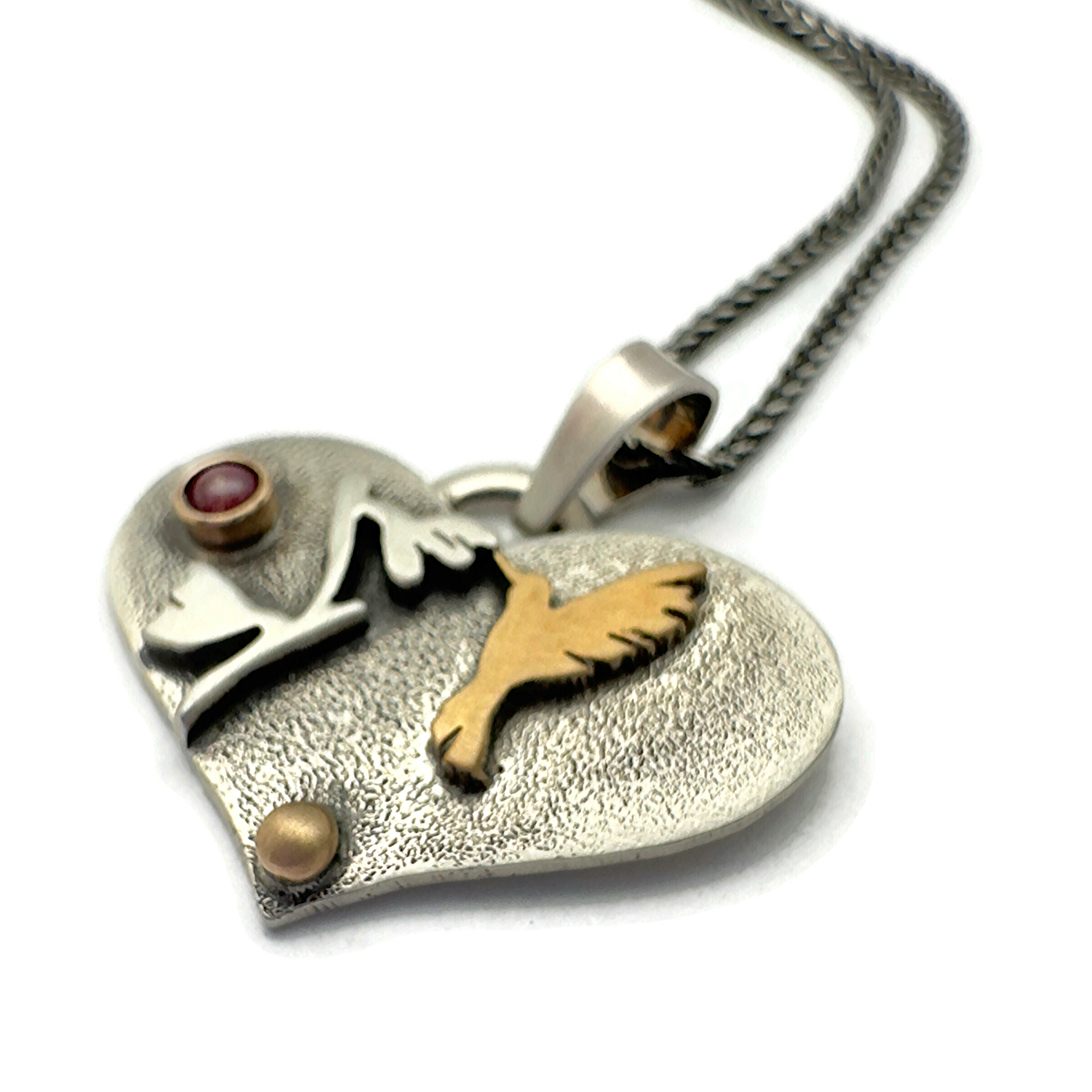 Hummingbird Necklace, Sterling Silver, Bronze, 14K Gold, Red Ruby