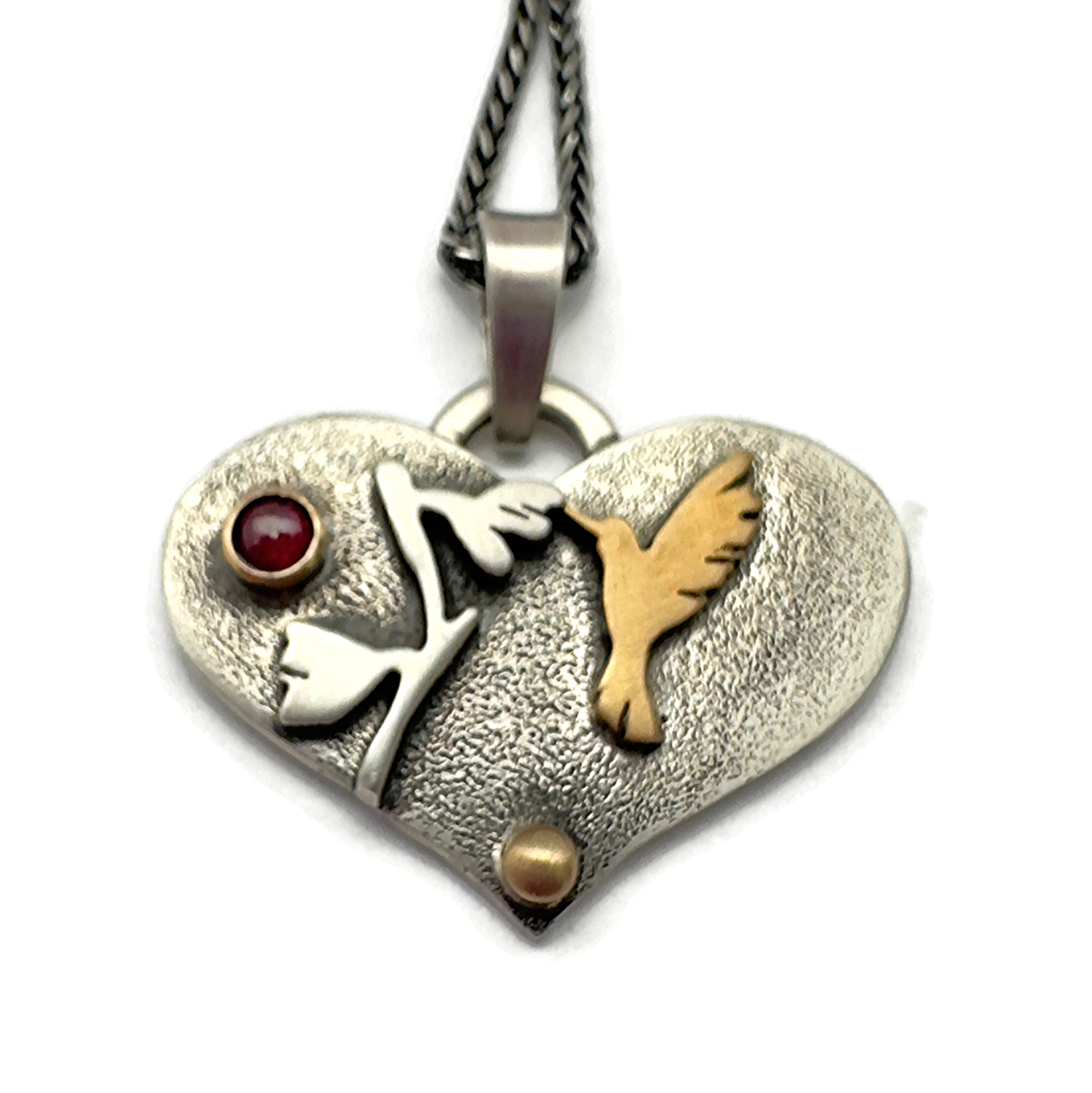 Hummingbird Necklace, Sterling Silver, Bronze, 14K Gold, Red Ruby