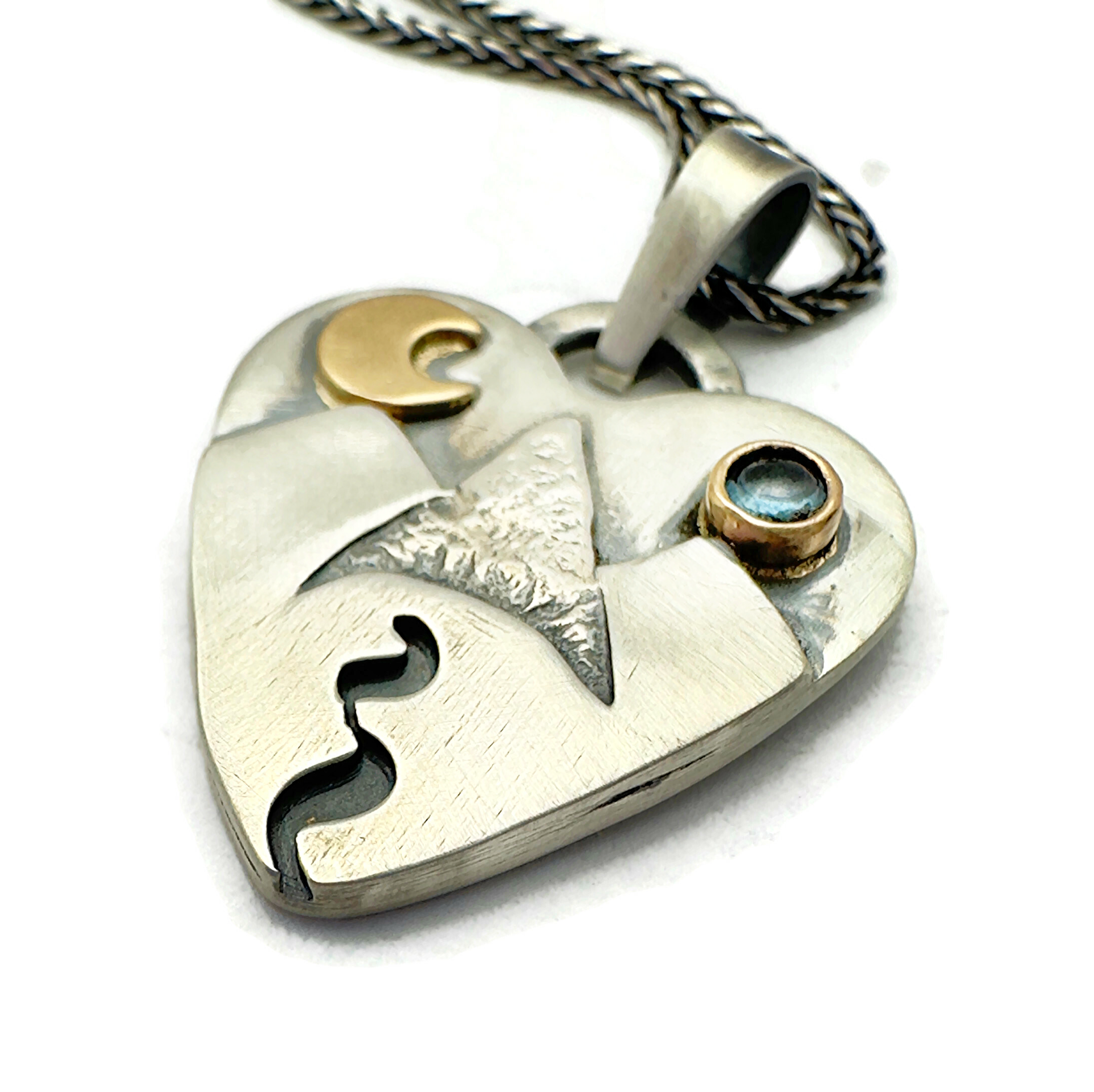 Alpine Heart Sterling Silver, 14K Gold, Montana Sapphire