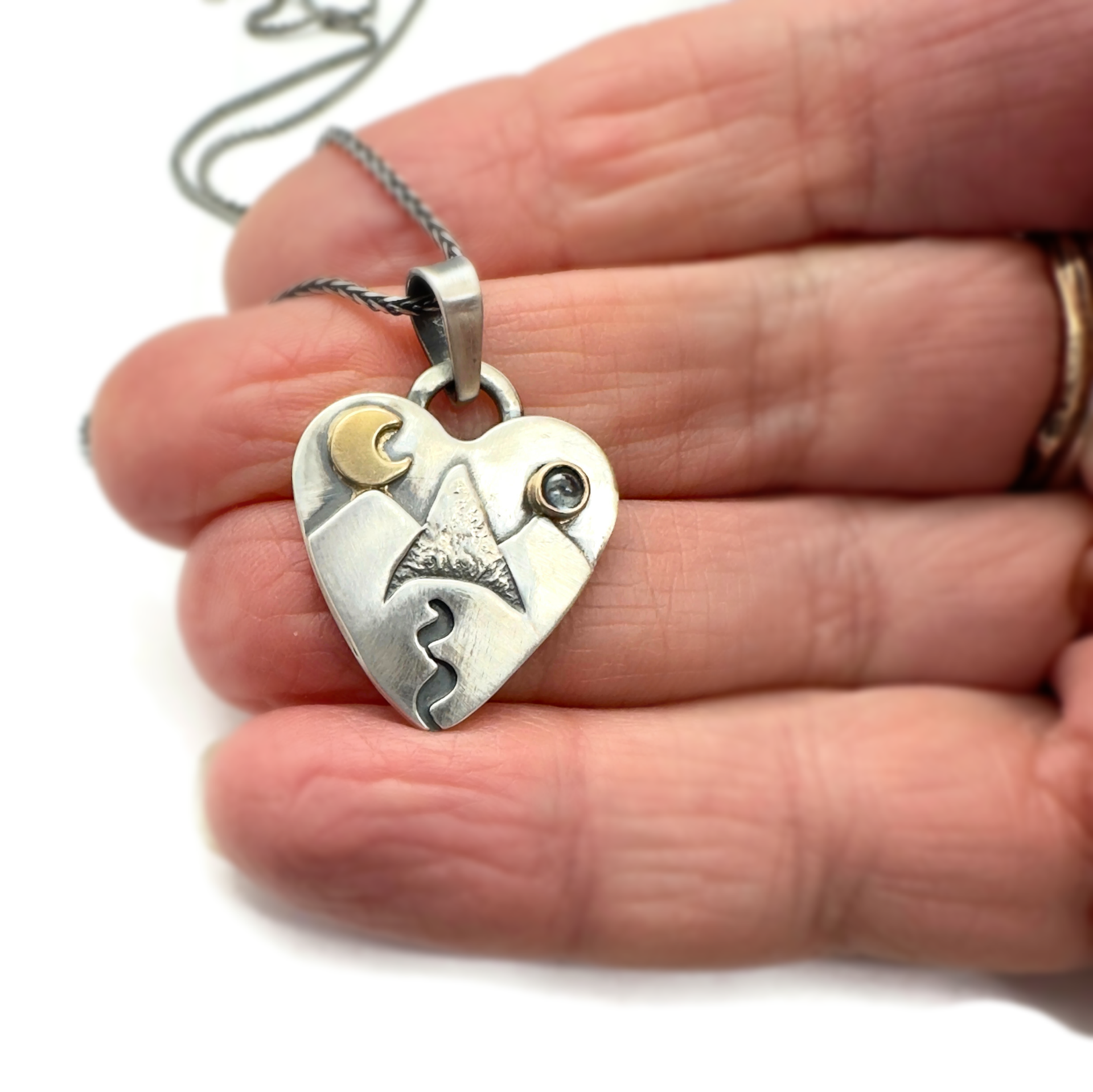 Alpine Heart Sterling Silver, 14K Gold, Montana Sapphire