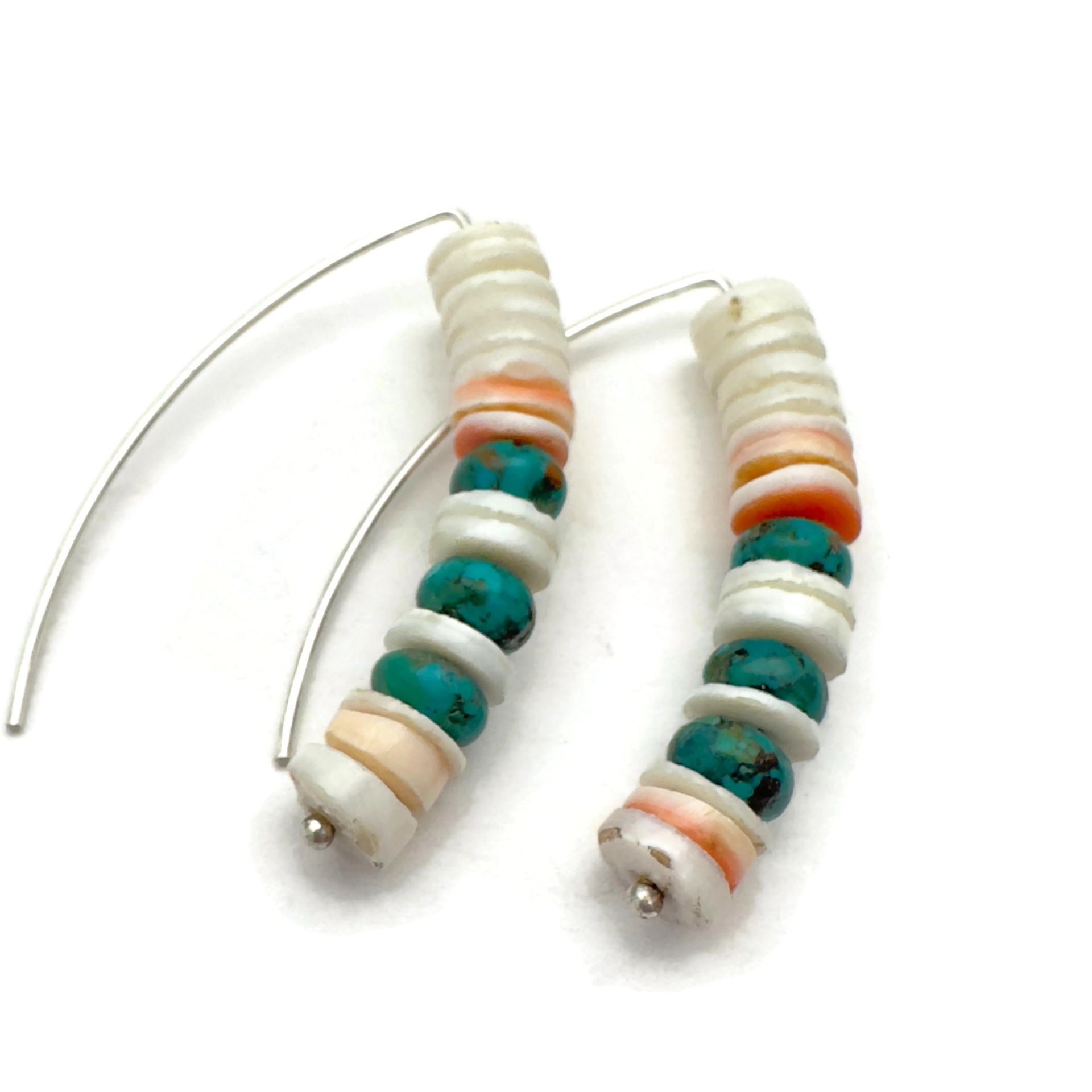 Heishi Shell in Whites and Blush tones, Turquoise, Sterling Silver Marquise Shaped Earrings