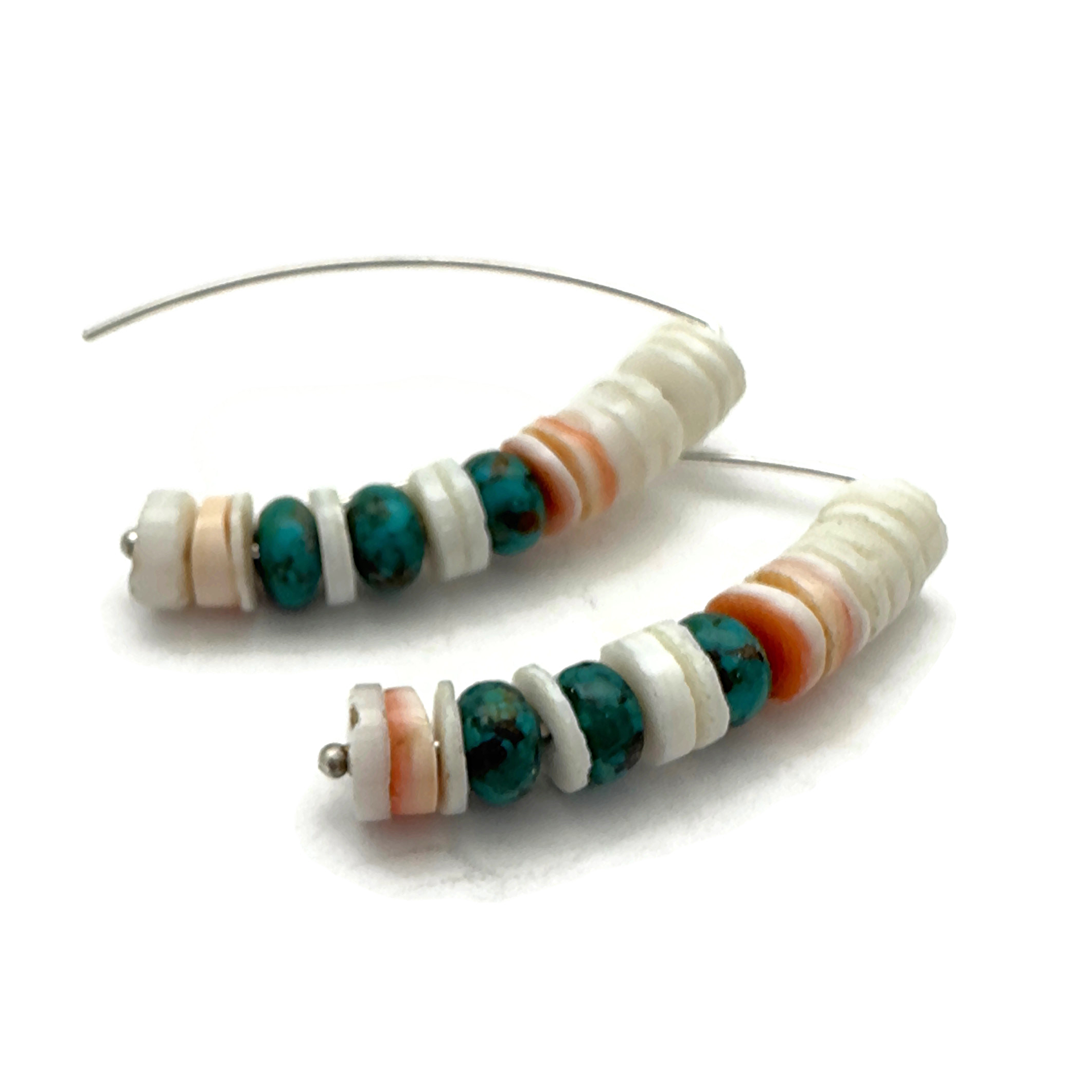 Heishi Shell in Whites and Blush tones, Turquoise, Sterling Silver Marquise Shaped Earrings