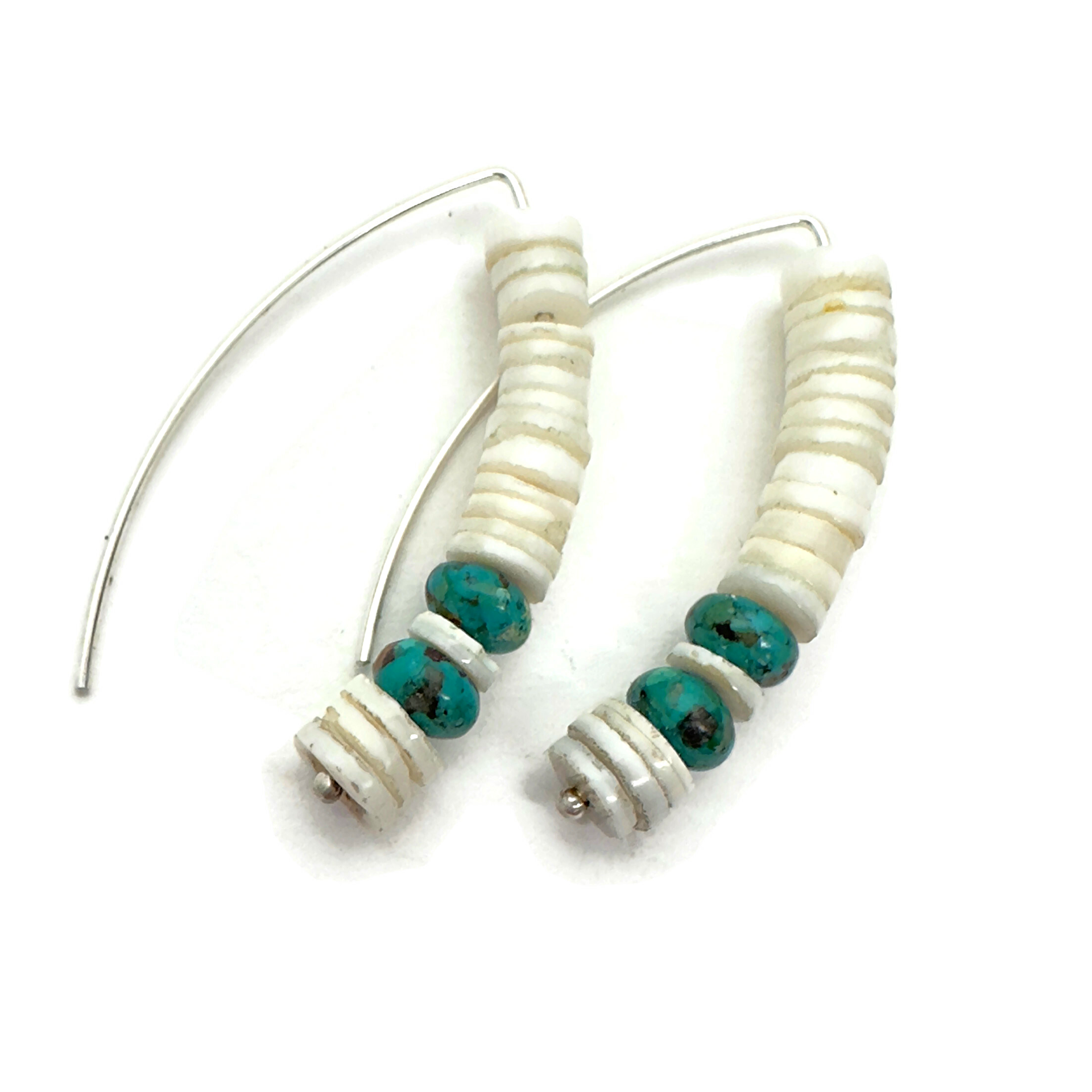 White Heishi Shell, Turquoise, Sterling Silver Marquise Shaped Earrings