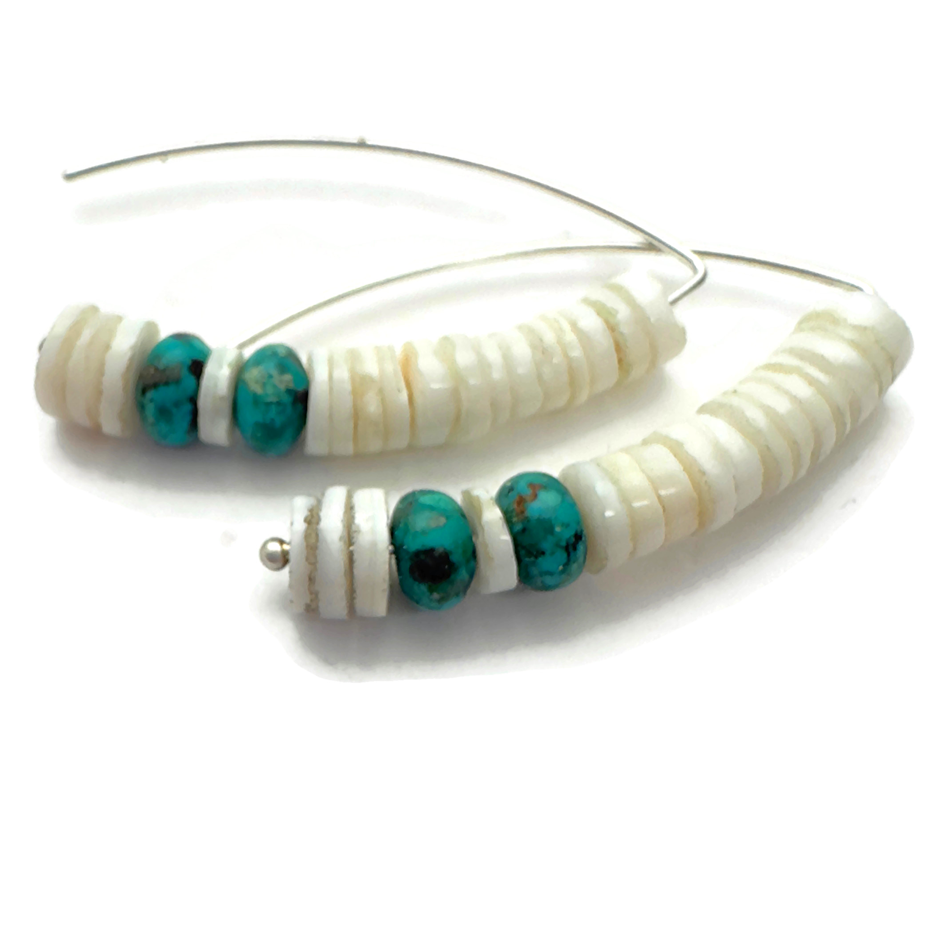 White Heishi Shell, Turquoise, Sterling Silver Marquise Shaped Earrings