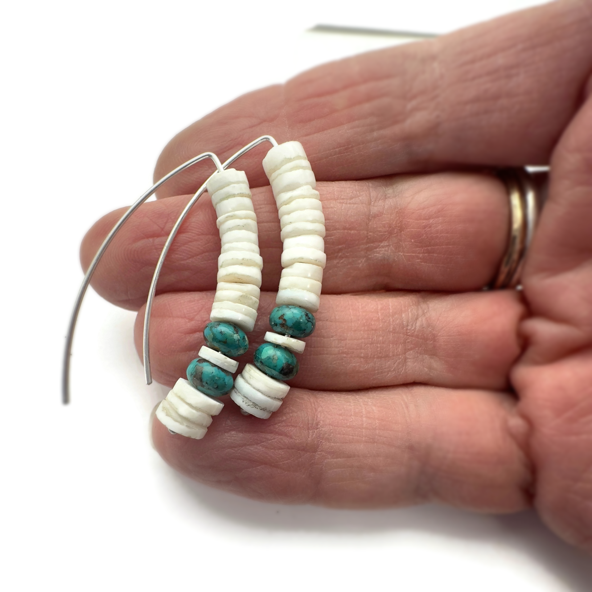 White Heishi Shell, Turquoise, Sterling Silver Marquise Shaped Earrings