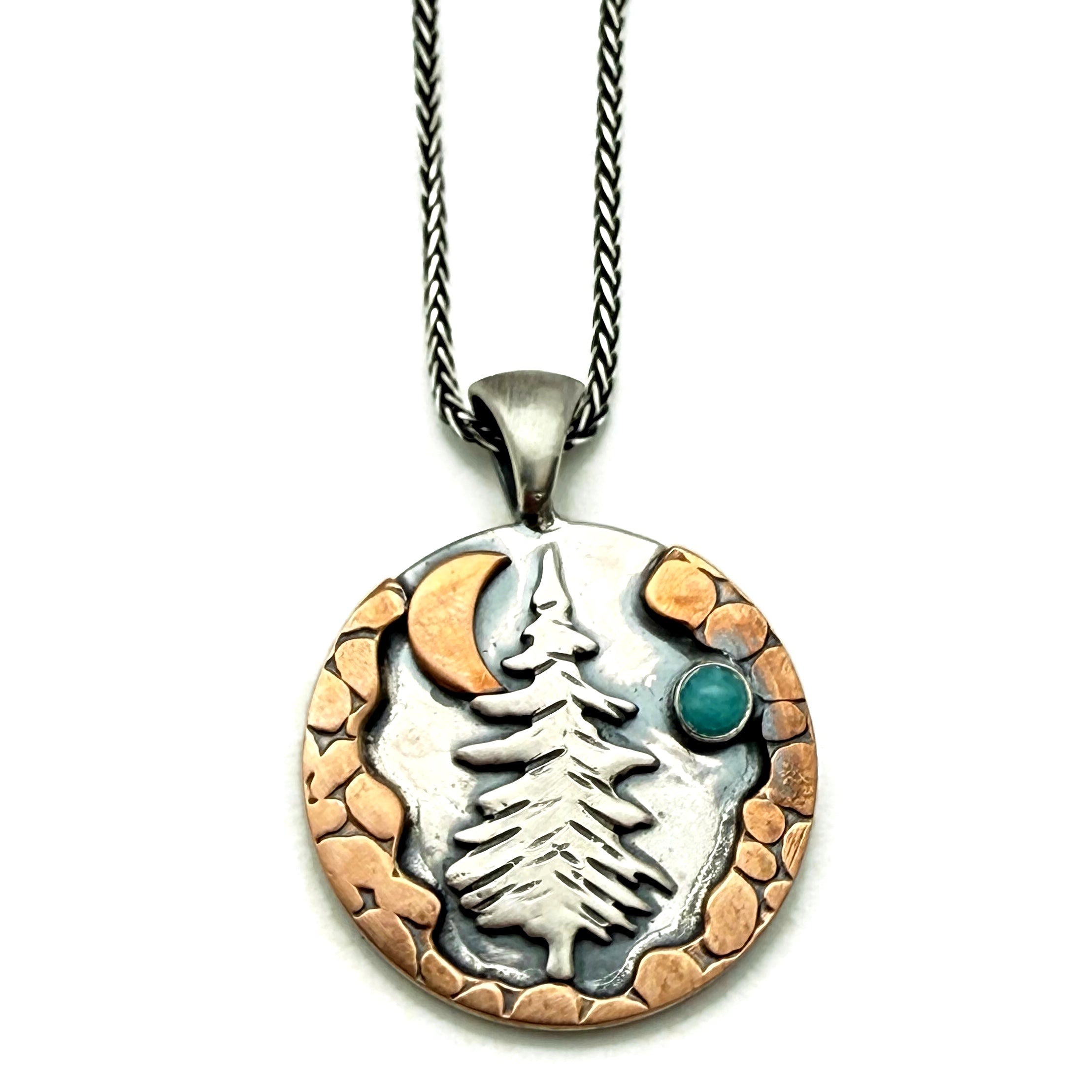 Alpine Necklace Lone Pine Tree Sterling Silver, Bronze, Amazonite Gemstone