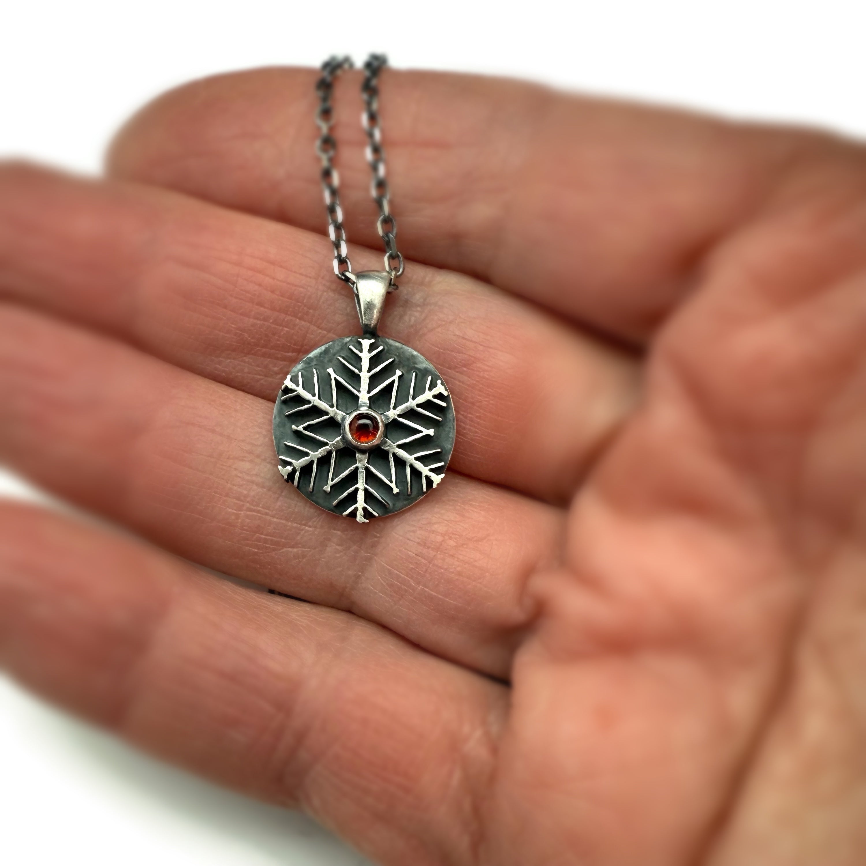 Snowflake Necklace - Sterling Silver and Garnet