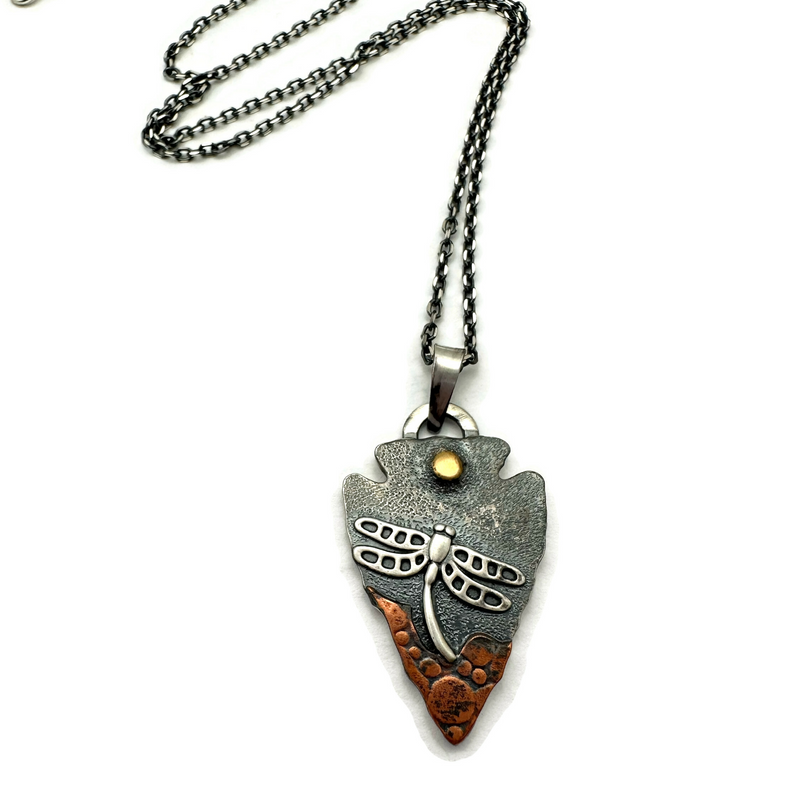 Mixed Metals Arrowhead Shaped Dragonfly Necklace