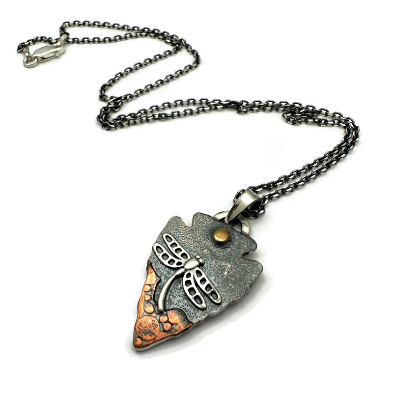 Mixed Metals Arrowhead Shaped Dragonfly Necklace