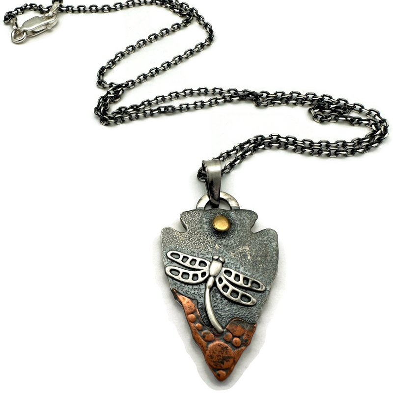 Mixed Metals Arrowhead Shaped Dragonfly Necklace
